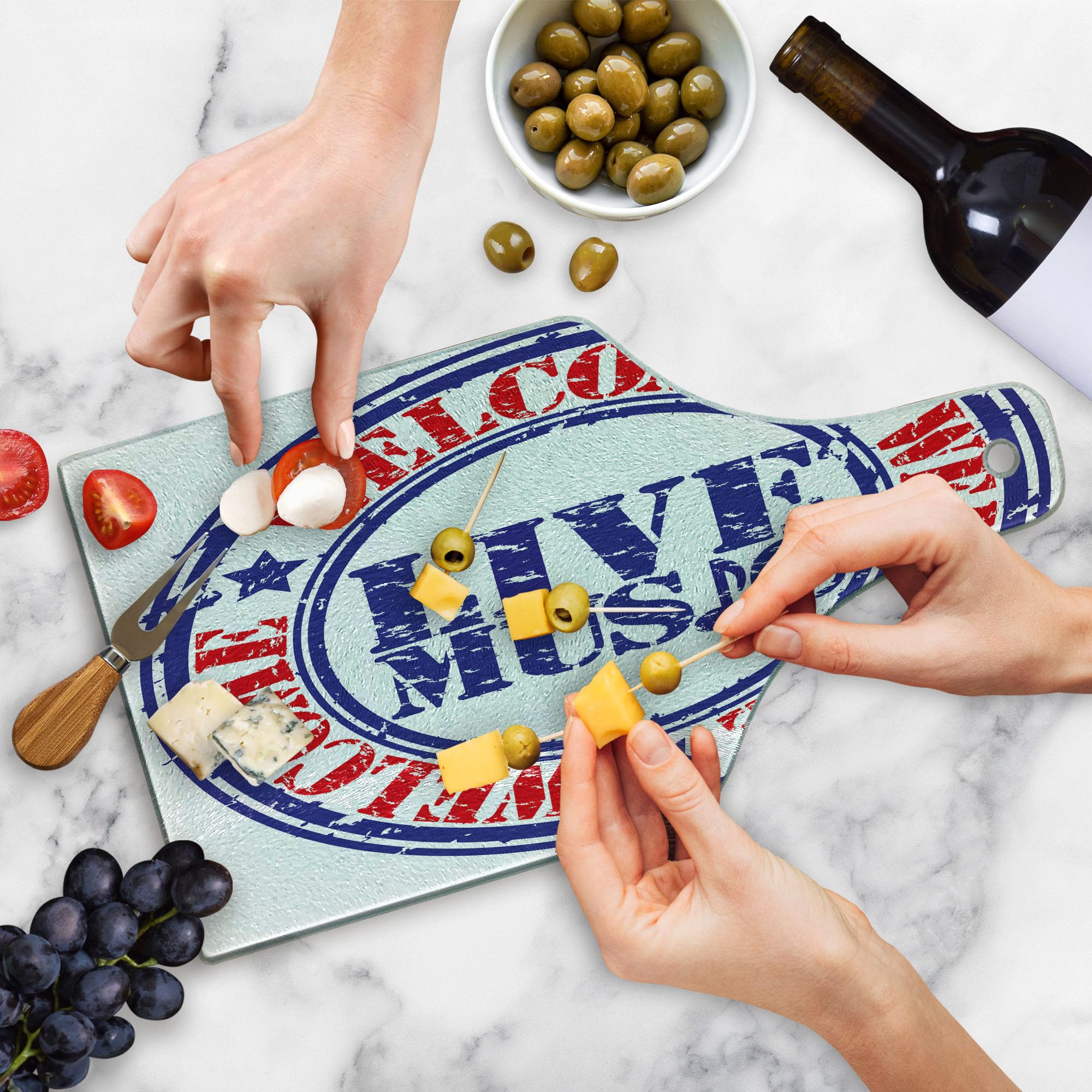 Ambesonne Popstar Party Cutting Board - Grunge Style Live Music Festival Design - Tempered Glass Serving Board for Cheese, Charcuterie & Wine - Blue Red White Wine Bottle Shape - Perfect for Parties, Entertaining & Home Decor