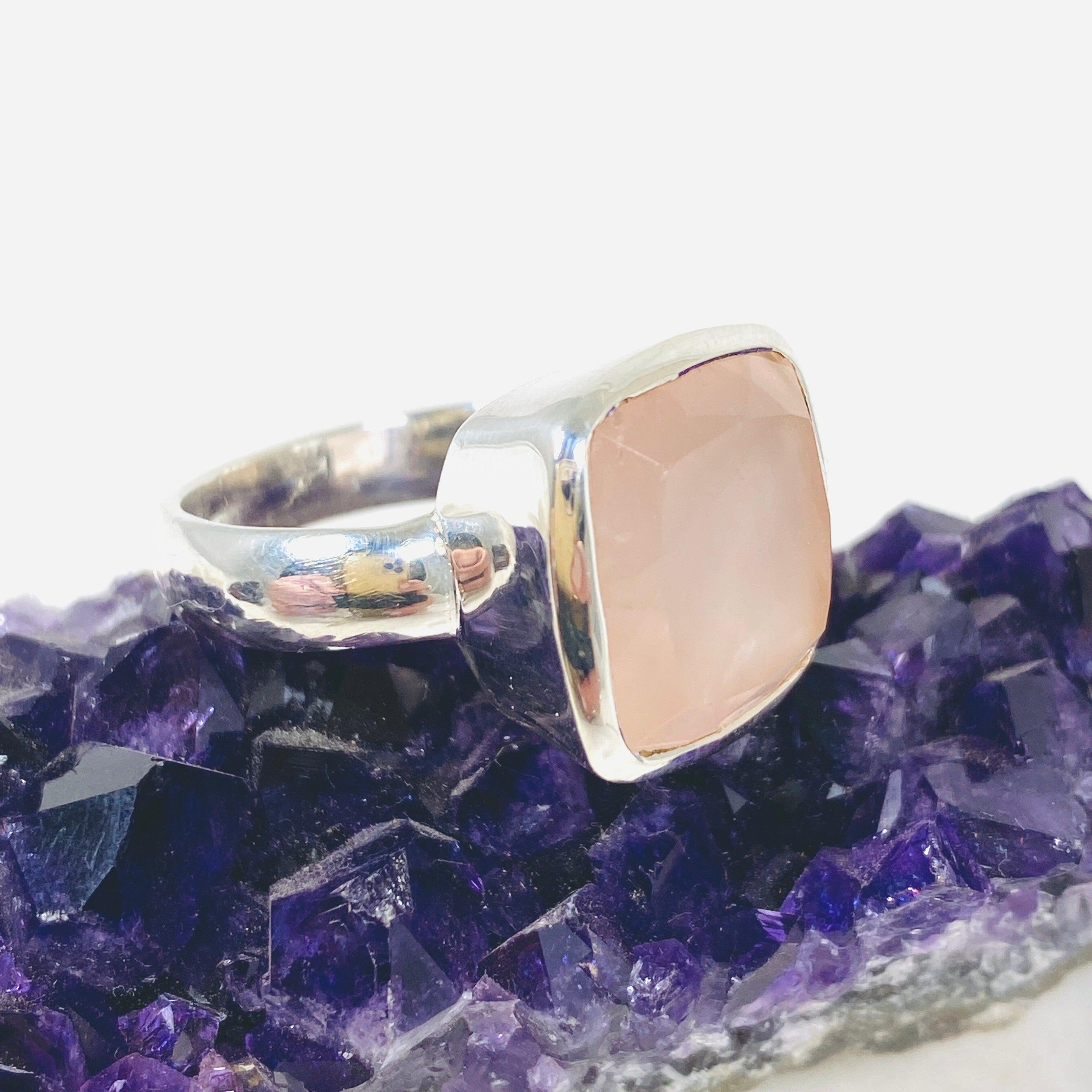 Rose Quartz Square Faceted Ring - Size 9 - KRGJ2997 | Elegant Healing Crystal Jewelry for Women, Perfect for Meditation, Yoga & Spiritual Gifts