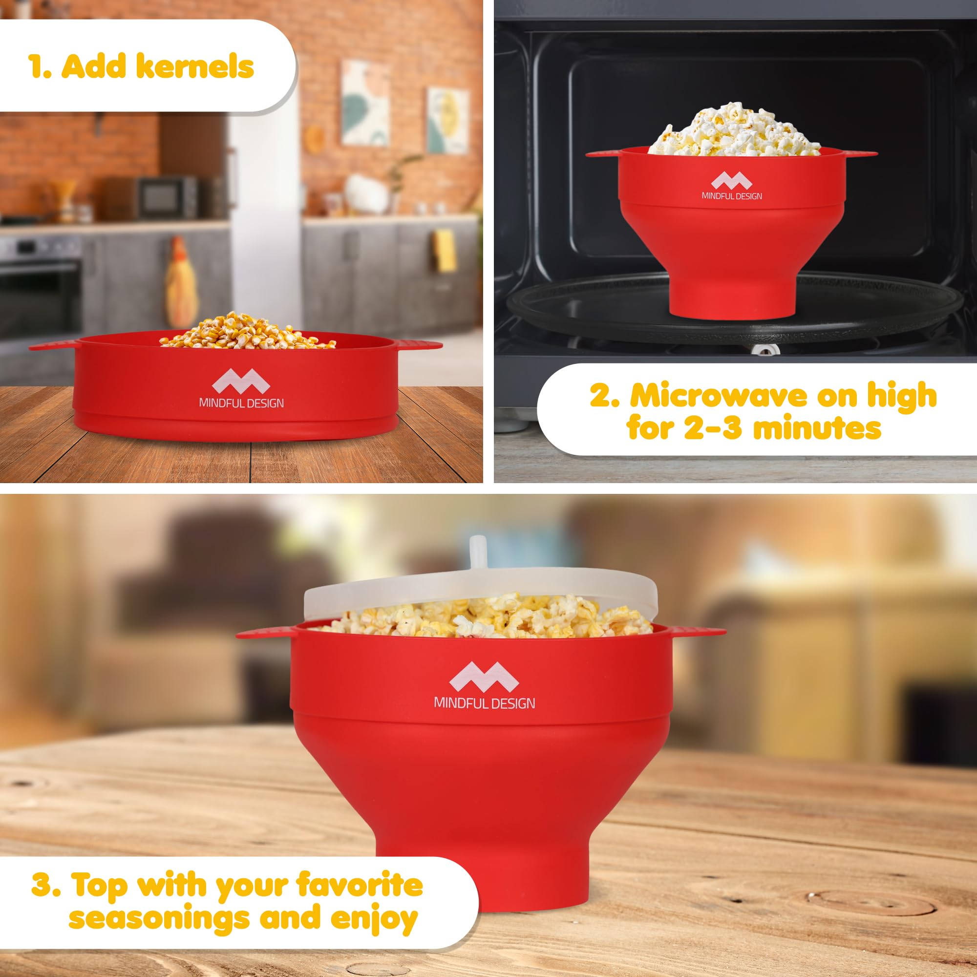 Mindful Design Microwave Popcorn Popper - BPA-Free Silicone Bowl, Dishwasher Safe, Red - Perfect for Movie Nights & Healthy Snacking at Home