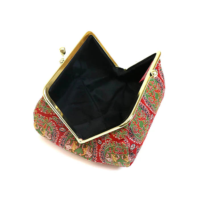 Authentic Kyoto Nishijin Ori Small Pouch - White Tiger & Phoenix Red Design | Japanese Handmade Cosmetic Makeup Bag | Gamaguchi Style Travel Toiletry Organizer | Perfect for Daily Use, Gift Giving & Traditional Japanese Fashion Accessory