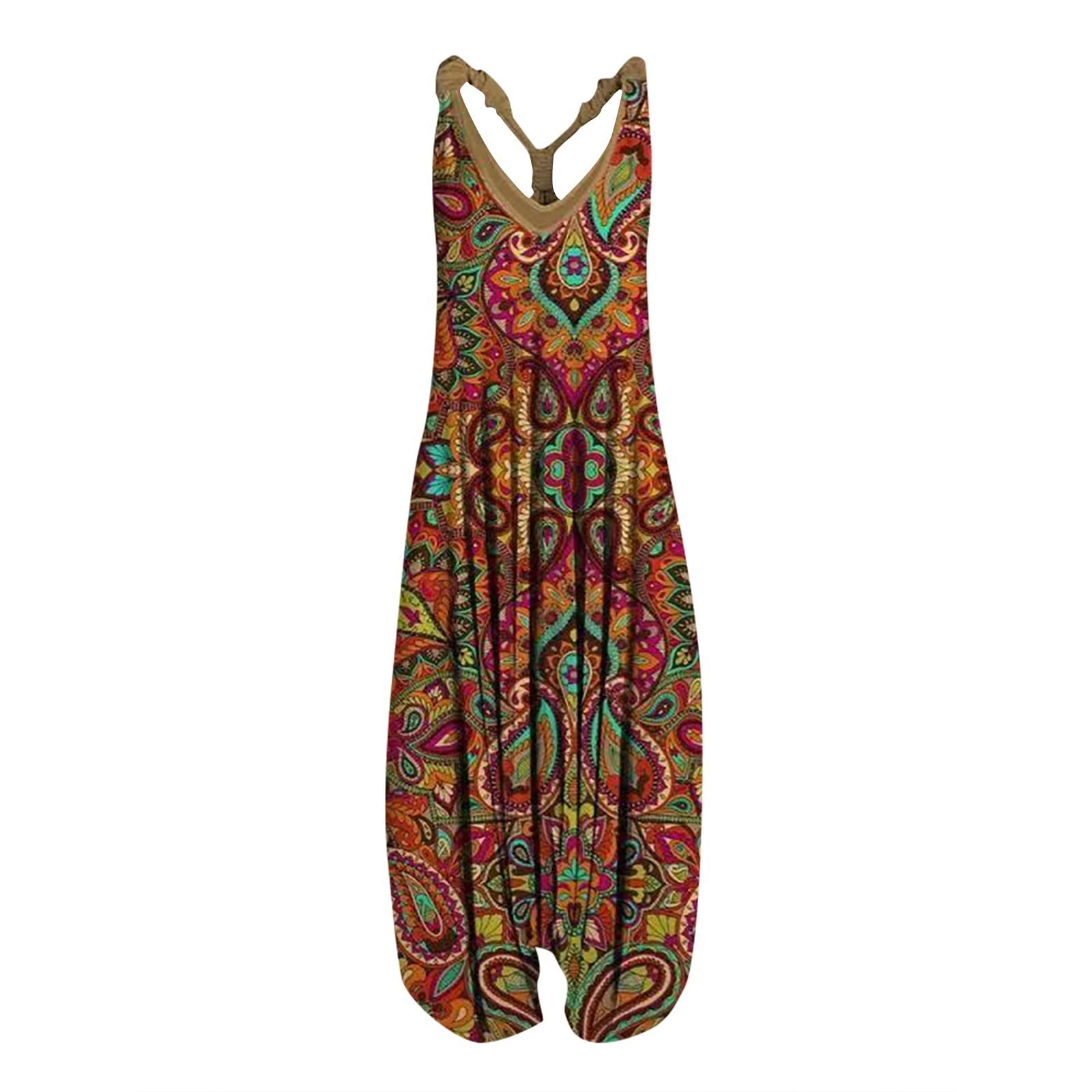 Plus Size Jumpsuits for Women - Vintage Boho Print Racerback Rompers with Spaghetti Straps | Casual Summer Sleeveless Outfits | Perfect for Beach Vacations, Music Festivals & Boho Chic Style