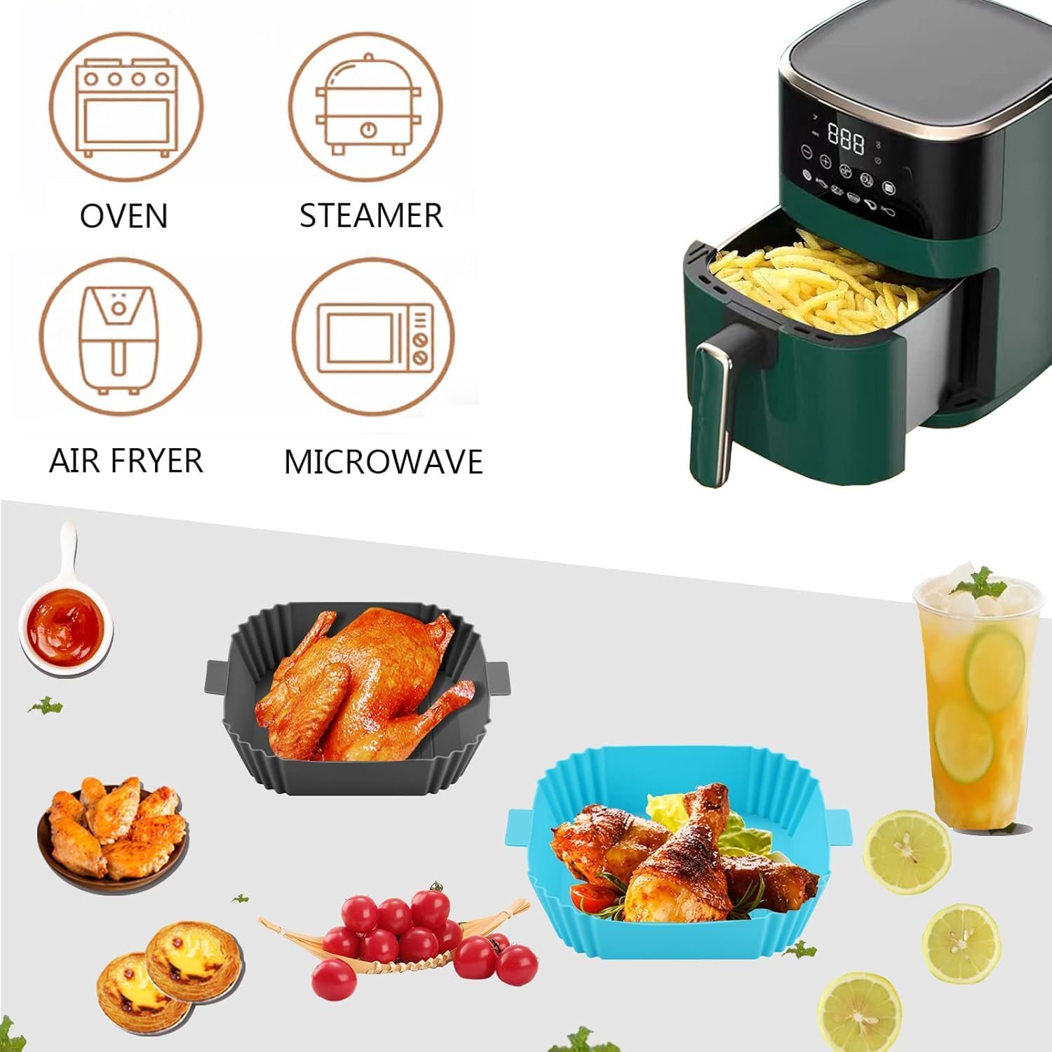 DRURI Reusable Non-Stick Silicone Air Fryer Liners with Handles - Square Food Grade Silicone Basket for Air Fryer Oven - Perfect for Cooking French Fries, Chicken Wings & Vegetables