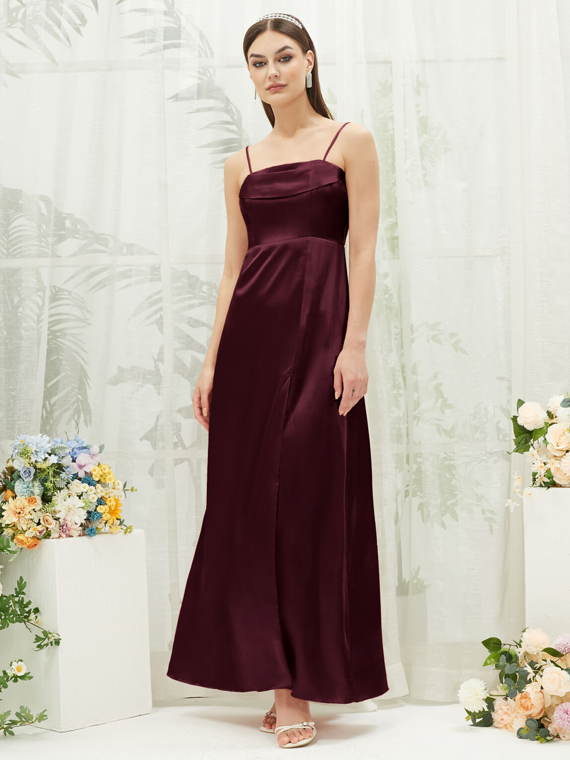 Elegant Cabernet Satin Convertible Slit Floor-Length Bridesmaid Dress - Perfect for Weddings, Formal Events & Special Occasions