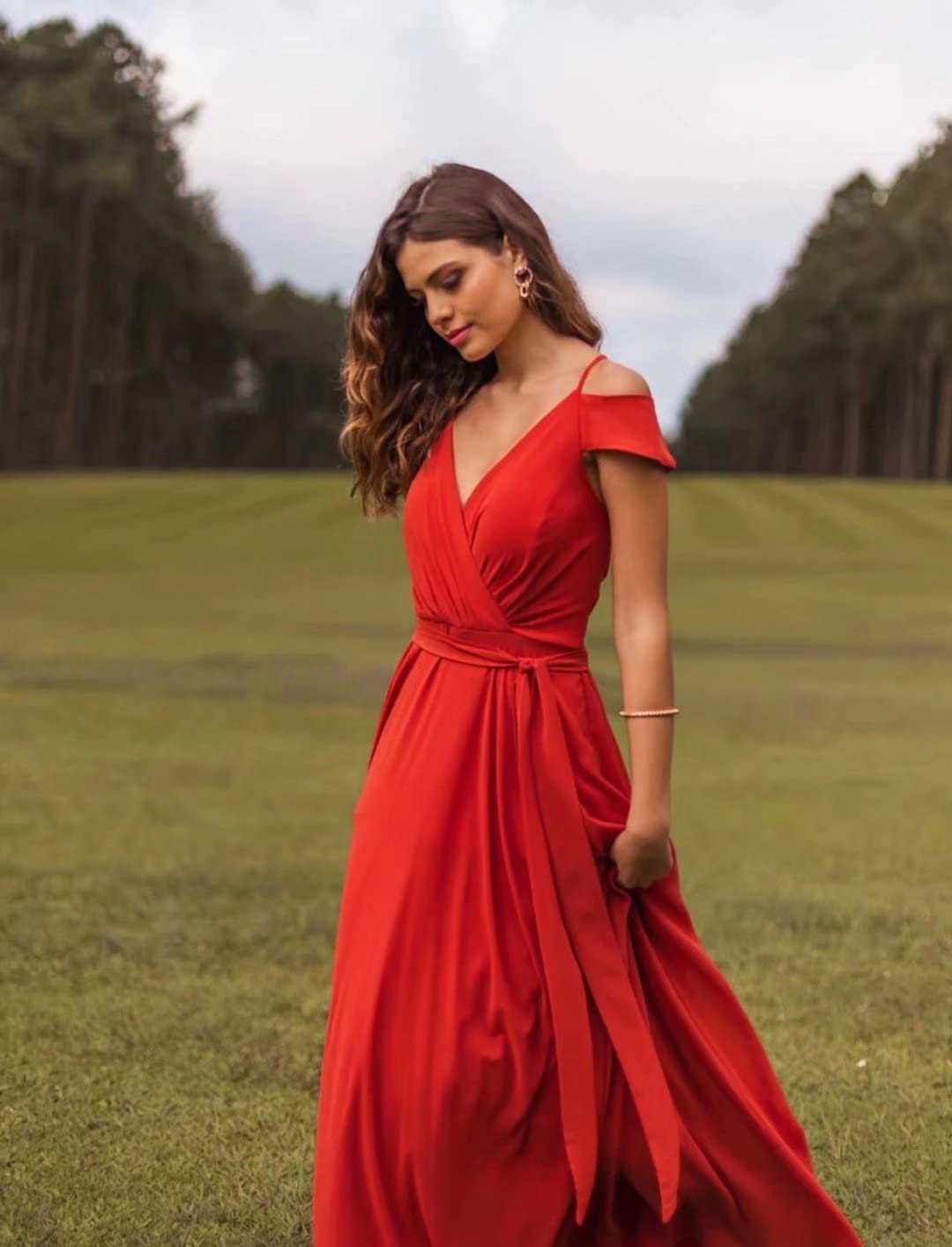 Plus Size Wedding Bridesmaid Dresses 2023 - Sage Green Long Off-The-Shoulder Chiffon V-Neck Pleated Formal Evening Gown for Women | CO18-16W | Perfect for Weddings, Proms & Special Occasions