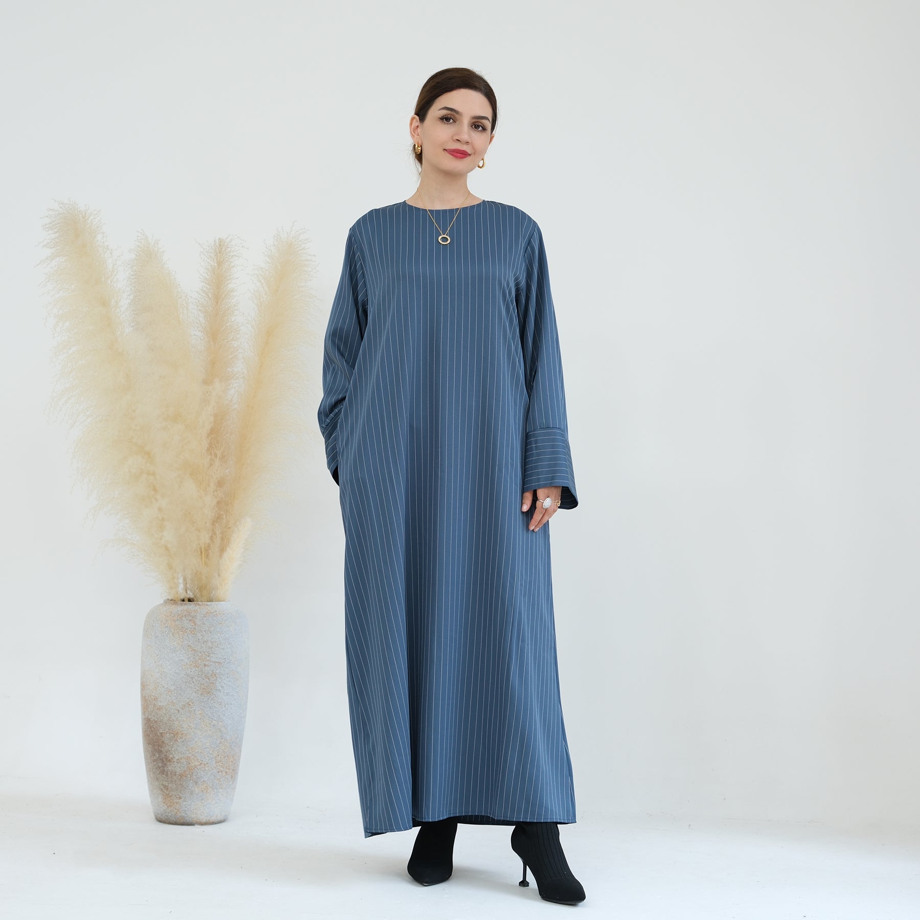 Janine Stripe Long Sleeve Belted Maxi Dress for Women - Flowy Blue Midi Dress with Belt, Elegant Casual & Party Wear, Perfect for Weddings, Date Nights and Summer Outings