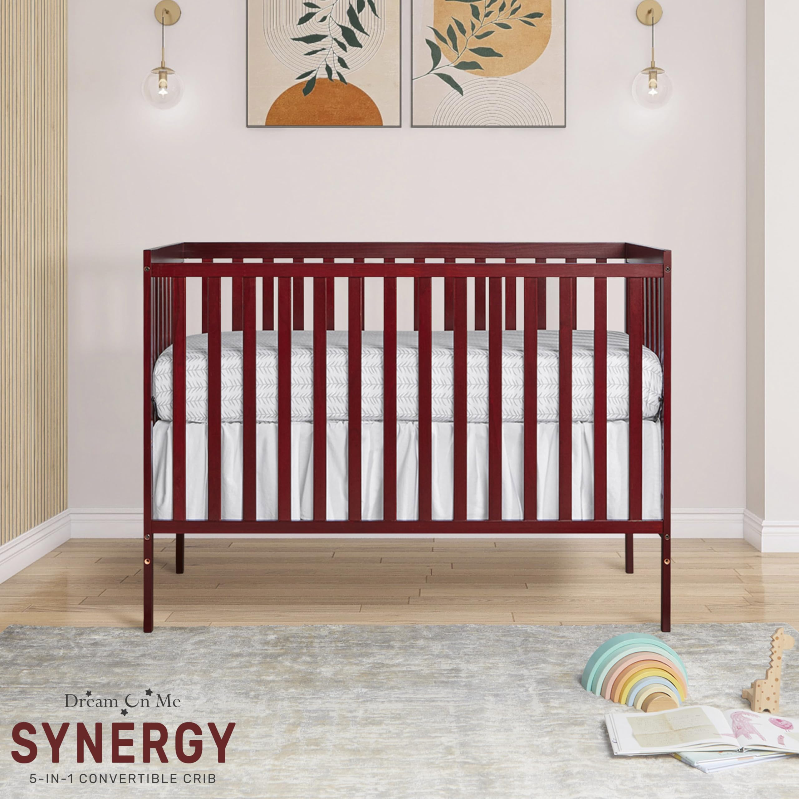 Dream On Me Synergy 5-in-1 Convertible Crib - Cherry Finish | JPMA & Greenguard Gold Certified | Solid Reclaimed New Zealand Pine Wood | 3 Adjustable Mattress Heights | Perfect for Nursery, Toddler Room & Guest Bedroom