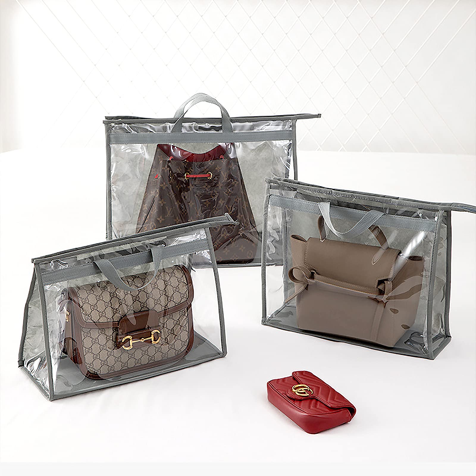 CINPIUK 10-Piece Clear Handbag Storage Organizer Set - Dustproof Purse Protector Bags with Hooks for Closet Organization (Grey) - Perfect for Travel, Home Storage & Luxury Bag Protection