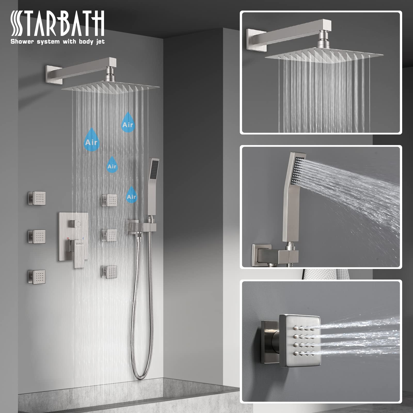 **STARBATH 12 Inch Rain Shower System with Body Jets - Powerful Rainfall & Handheld Spray Shower Set - Brushed Nickel Concealed Rough-in Mixer Valve - Perfect for Spa-Like Luxury Bathroom Experience**