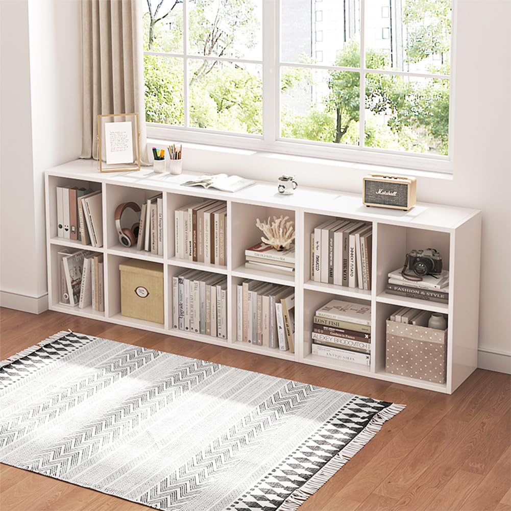 8 Cube Organizer Bookcase with Fabric Storage Bins - Open Shelf Bookcase with Simple Compartments for Home Office, Living Room & Bedroom Storage - White