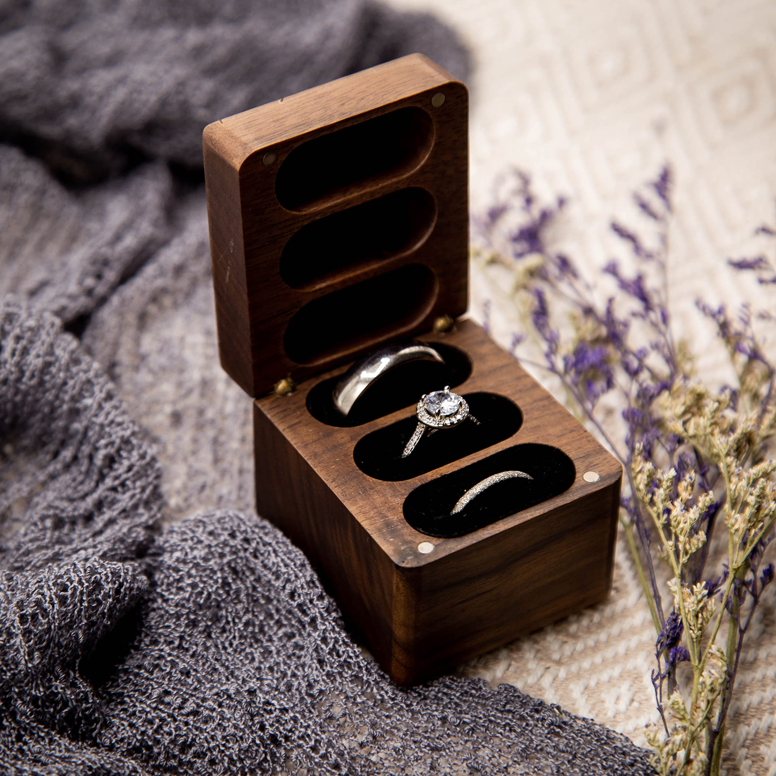 MUUJEE Wooden Triple Slot Ring Box - Wedding Ceremony Ring Bearer Box, Anniversary Birthday Gift for Couples - Engraved Wooden Ring Holder for Engagement, Promise & Wedding Rings - Perfect for Proposals, Vow Renewals & Bridal Showers