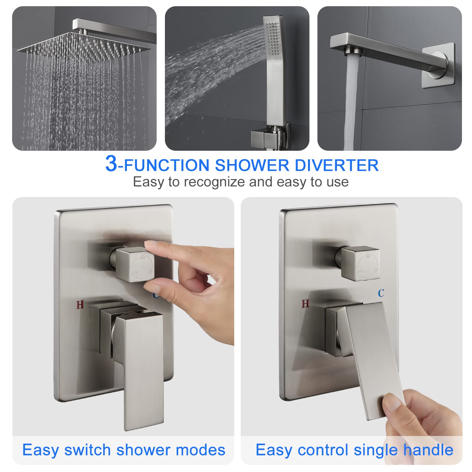 ROVOGO All Metal Brushed Nickel Bathtub Shower Faucet Set - 10 Inch Square Rain Shower Head with Handheld Sprayer, Tub Spout & Valve Trim Kit | Perfect for Modern Bathroom Renovations & Spa-Like Shower Experience