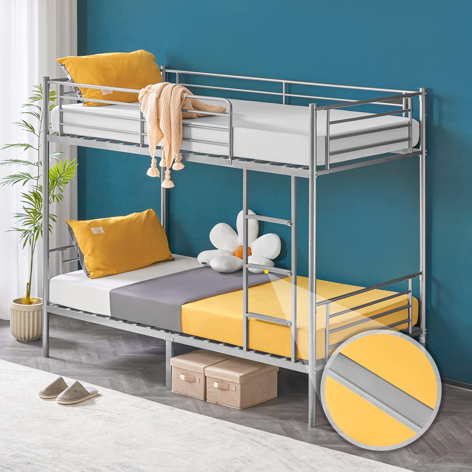 VINGLI Twin Over Twin Metal Bunk Bed - Heavy Duty Steel Frame with Flat Steps for Kids, Teens & Adults - Space Saving Gray Bunk Bed for Small Rooms, Dorms & Guest Rooms