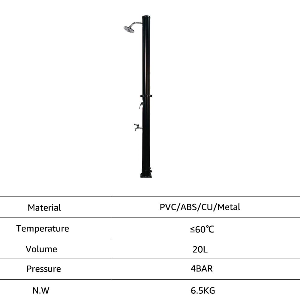 5.3 Gallon Solar Heated Outdoor Shower | Portable 2-Section Camping Shower with Adjustable Shower Head & Foot Tap | Perfect for Poolside, Backyard, Beach, Garden & Spa Use | Black