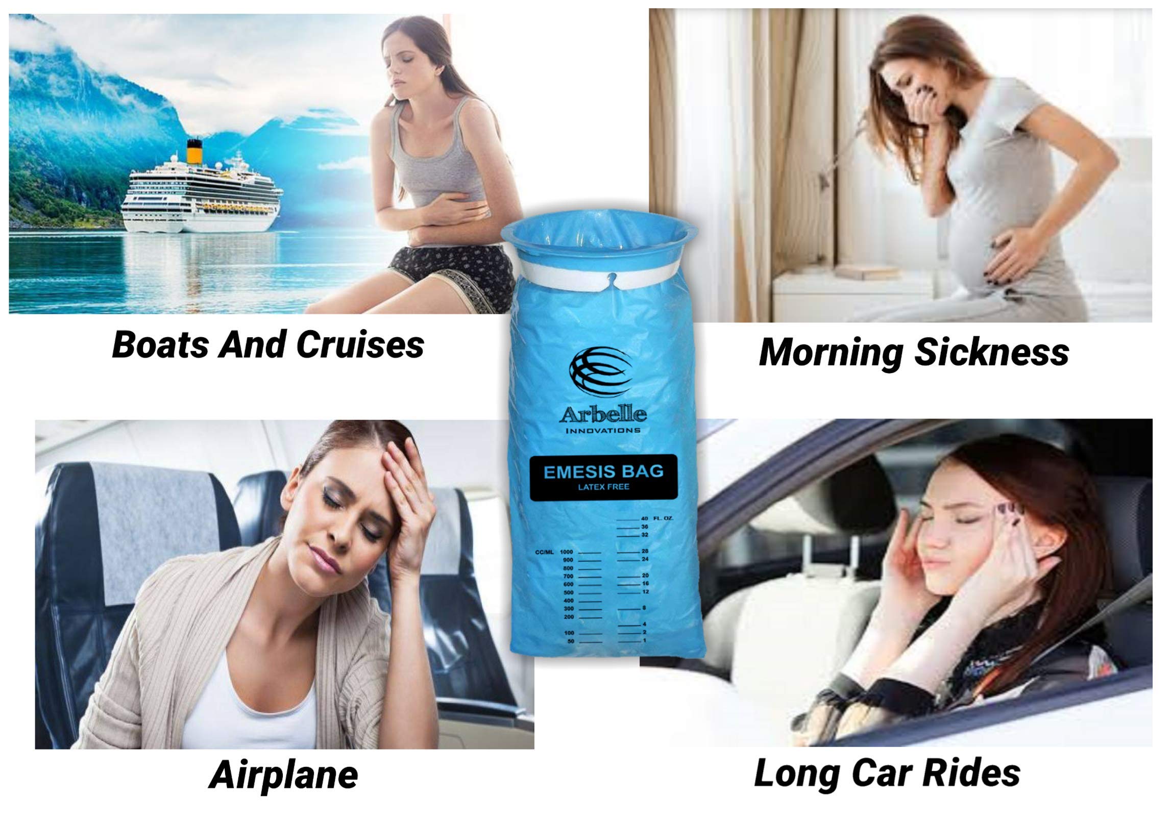 Disposable Vomit Bags for Motion Sickness & Nausea Relief - 40 Pack with Wet Wipes | Leak Proof, Travel Friendly | Ideal for Car, Pregnancy & Chemotherapy | Hospital, Airplane & Cruise Essential