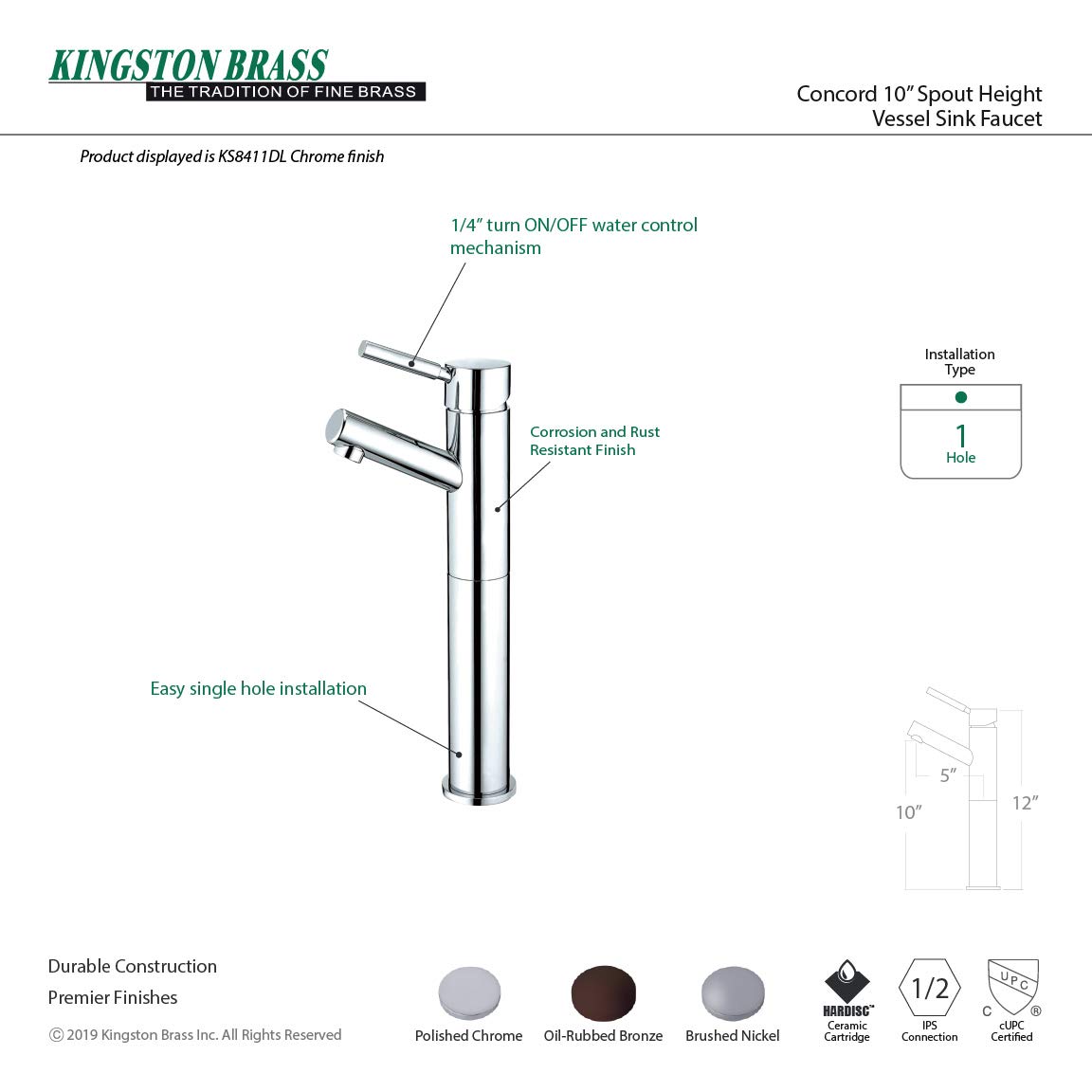 Elements of Design ES8415DL Oil Rubbed Bronze Single Handle Vessel Sink - 4.5