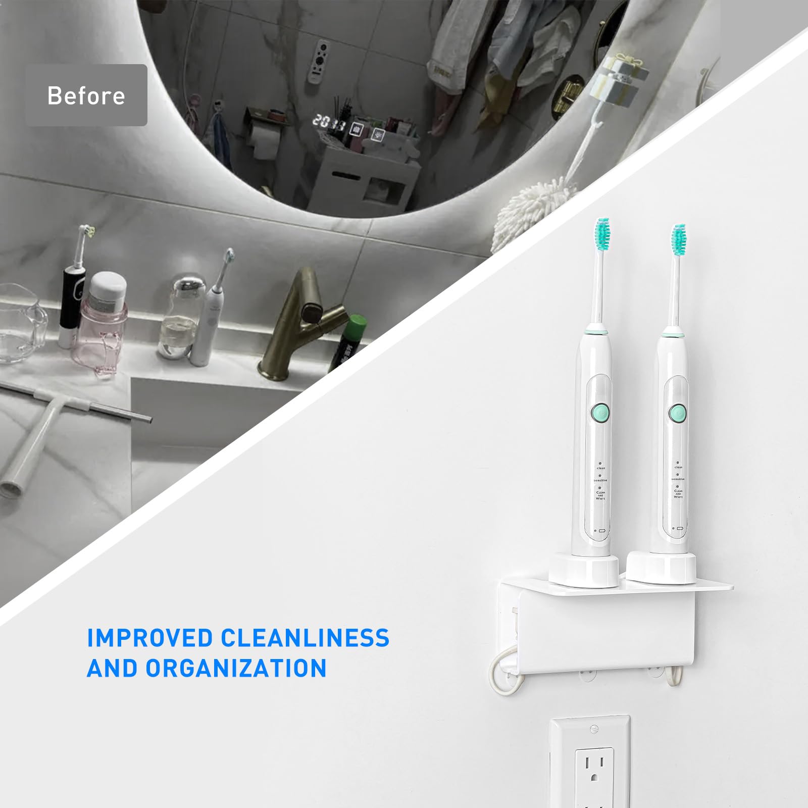 OAPRIRE Acrylic Wall Mount Electric Toothbrush Holder with Cable Organizer - Space Saving Bathroom Organizer for Oral Care Essentials - Perfect for Charging Toothbrushes in Small Bathrooms & Vanities (White)
