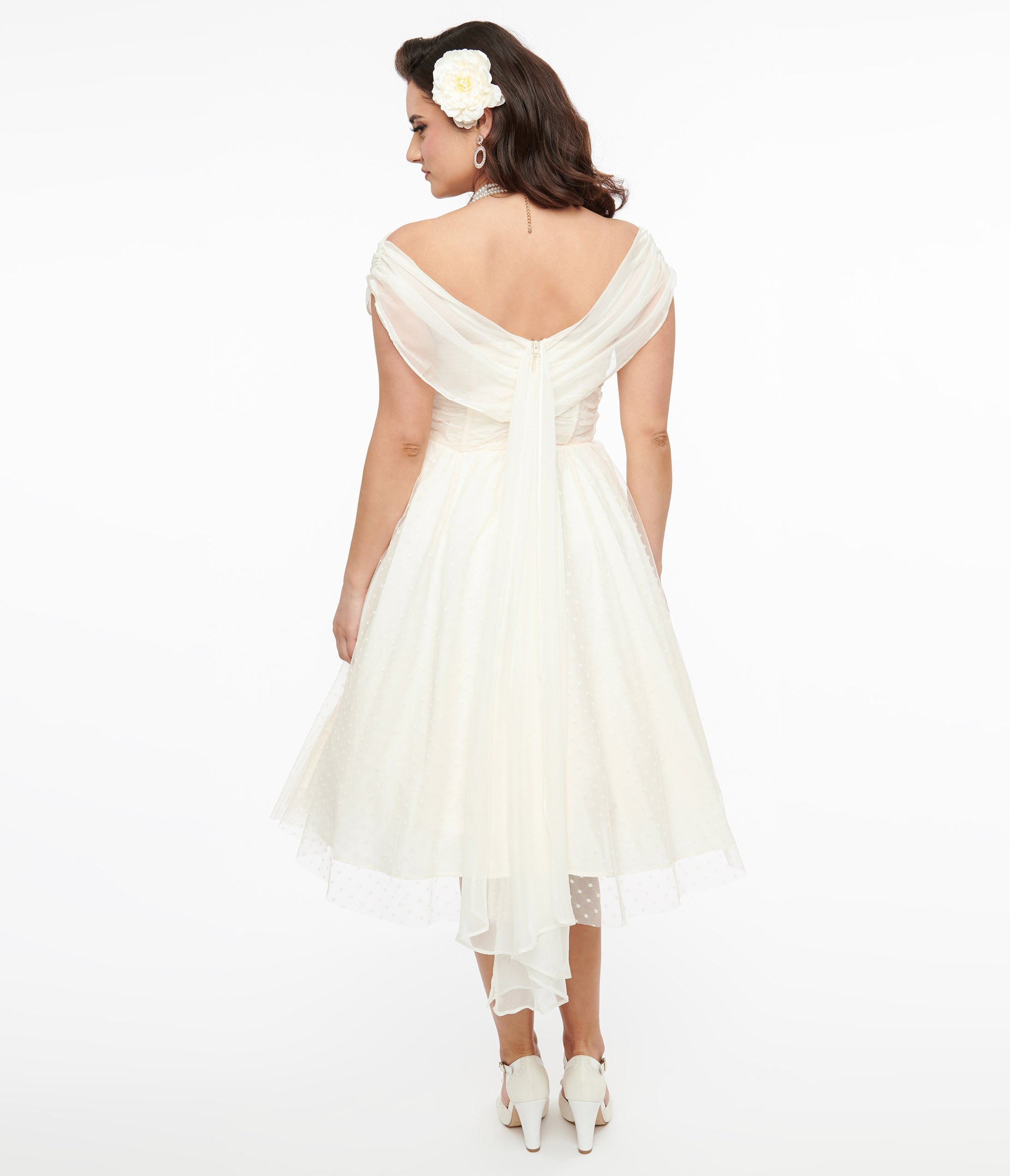 Vintage 1950s Off Shoulder Cocktail Dress with Clip Dot Design - Perfect for Retro Parties, Weddings & Special Occasions