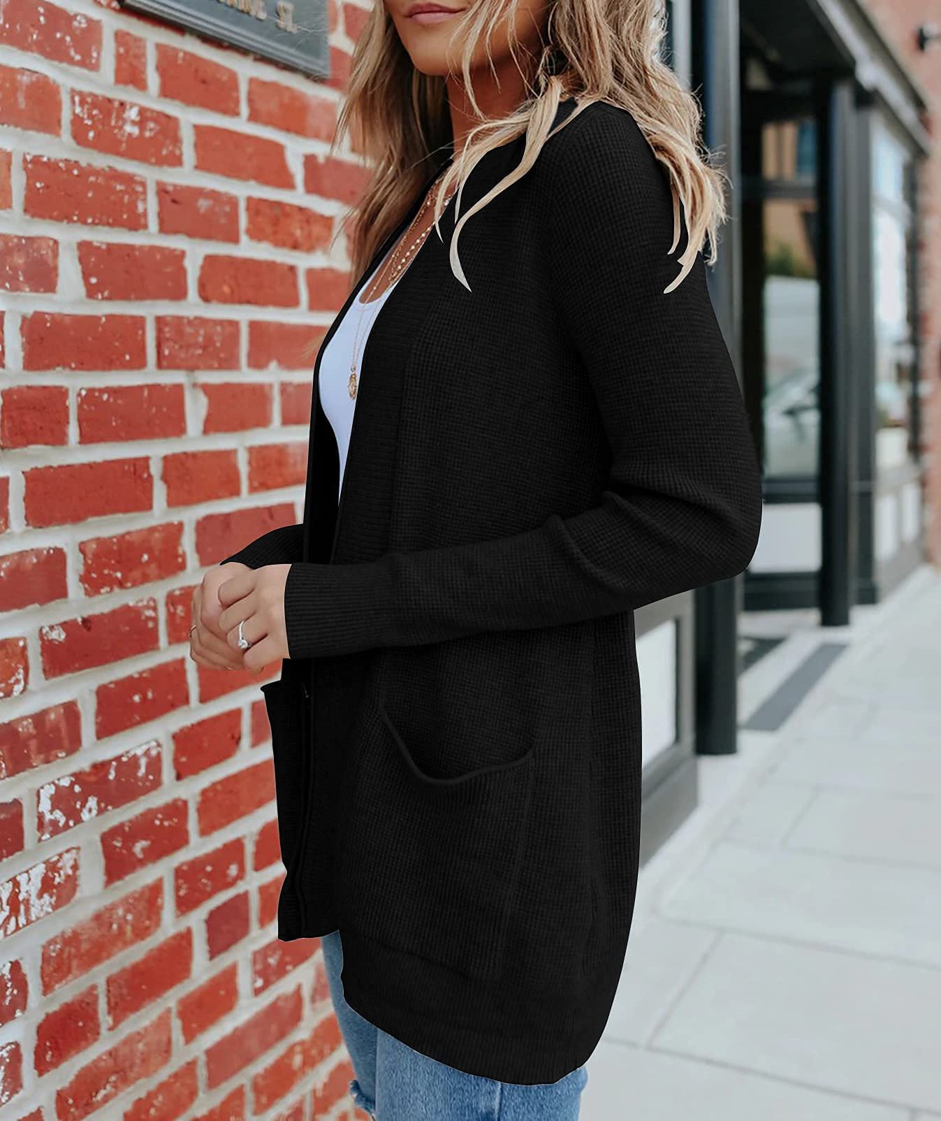 MEROKEETY Women's 2025 Fall Open Front Waffle Knit Cardigan - Long Sleeve Cozy Knit Sweater with Pockets - Perfect for Office, Casual Outfits & Autumn Layering