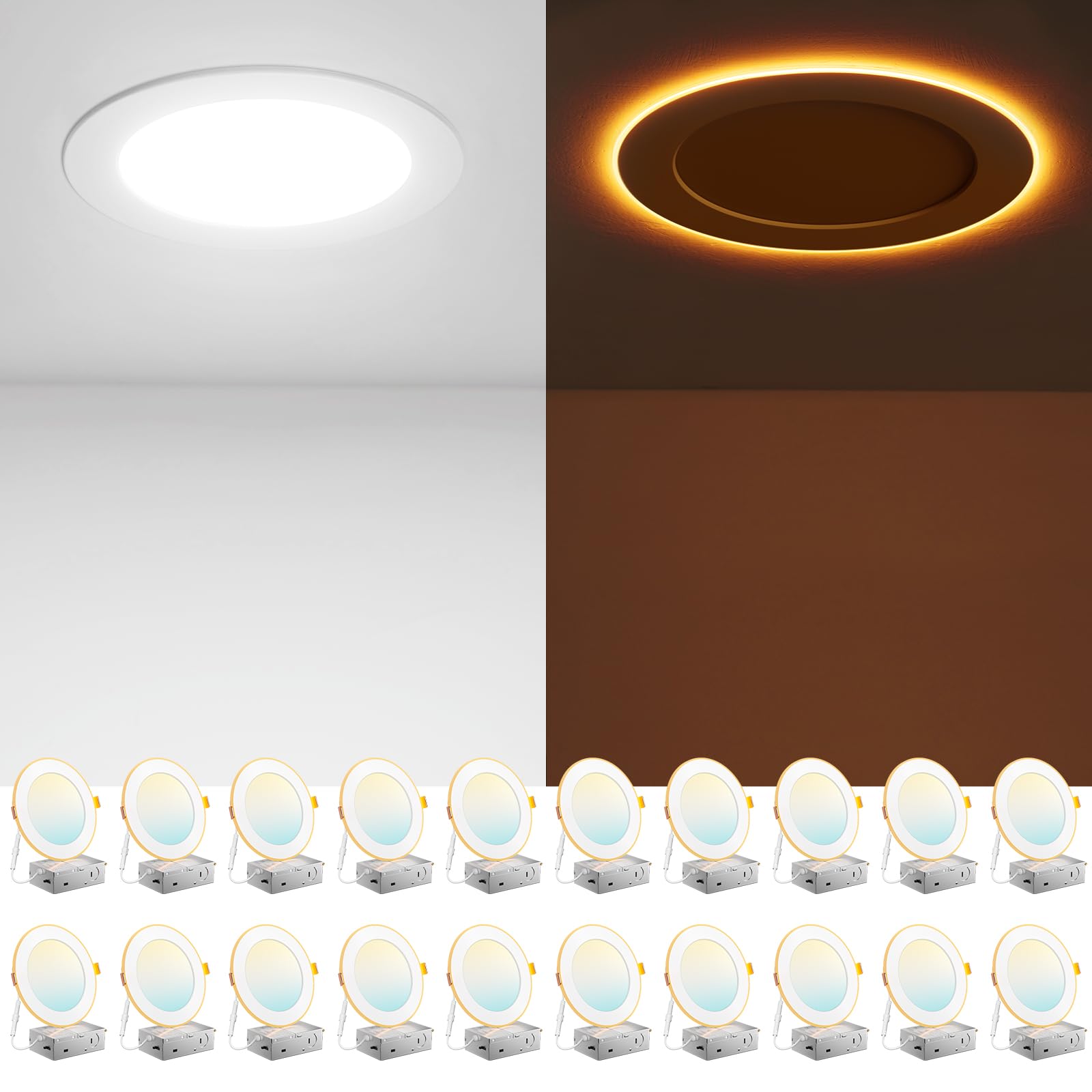Amico 20 Pack 6 Inch 5CCT LED Recessed Ceiling Light with Night Light - 2700K-5000K Selectable, Ultra-Thin 12W (110W Equivalent) 1100LM Dimmable Canless Wafer Downlight - ETL & FCC Certified - Perfect for Bedrooms, Kitchens, and Hallways