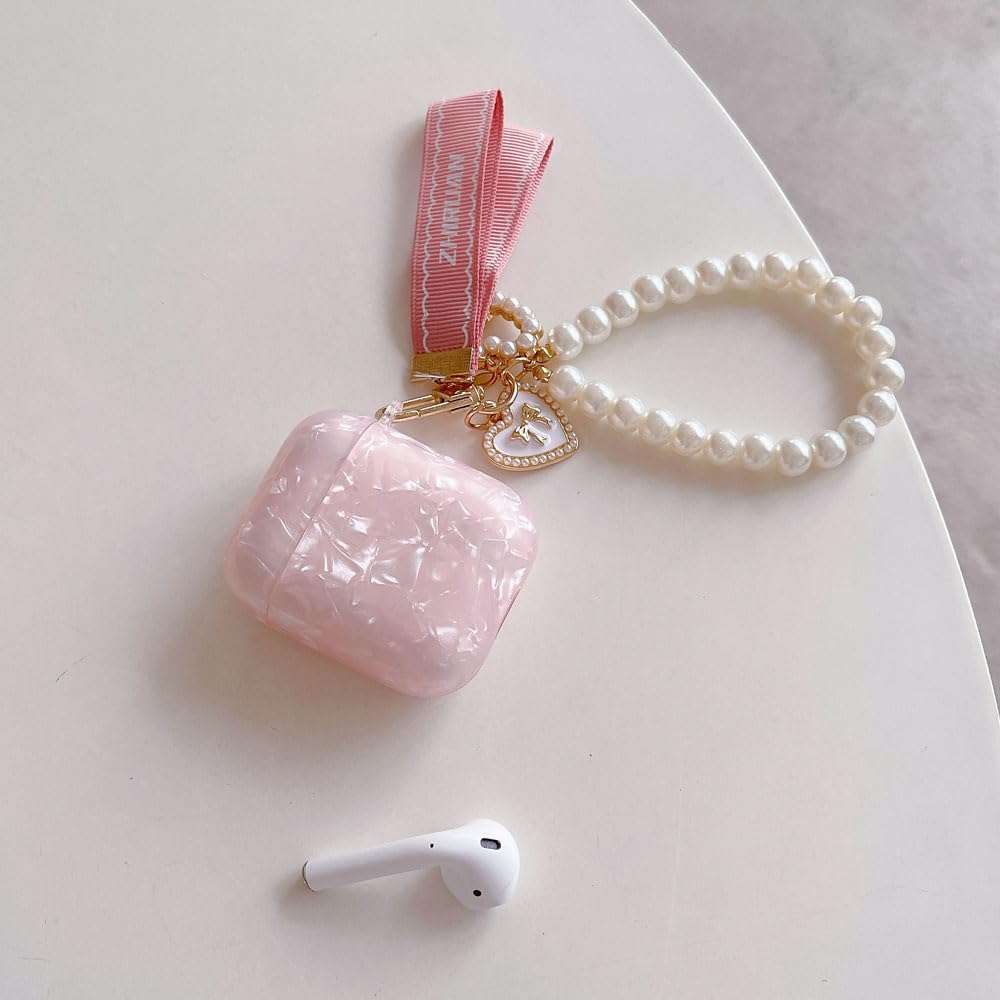 Pearl Keychain AirPods Case Cover - Protective Skin for AirPods 1/2 Charging Case, Cute Pink Earbud Accessories - Perfect for Travel, Gym & Daily Use
