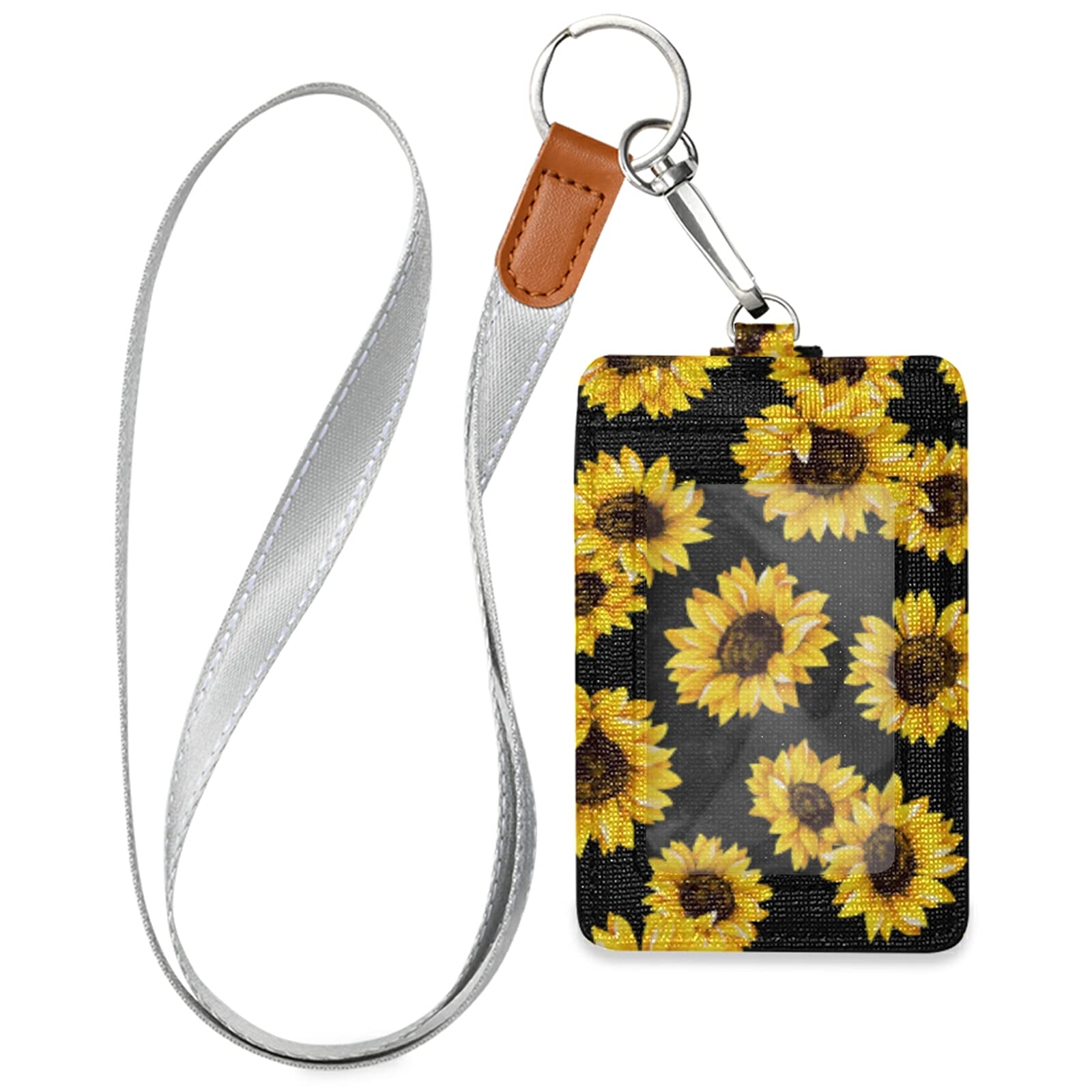JUMA PU Leather Sunflower Badge Holder - 3 ID Card Case Wallet with Neck Lanyard, Security Snap Button & Key Ring - for Office Workers, Security Officers, Students & Kids (School, Hospital, Events)