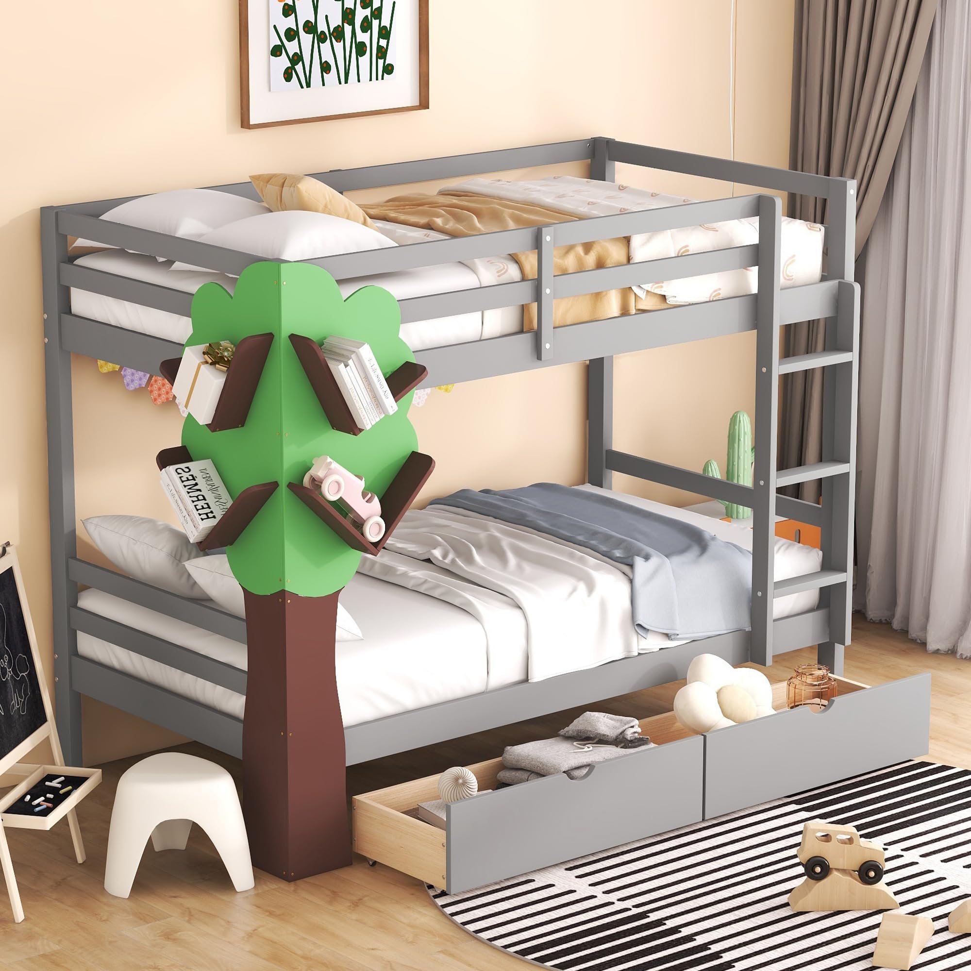 Twin Over Twin Bunk Bed with 2 Storage Drawers & Tree Design - Solid Wood Bunk Bed Frame for Kids, Boys & Girls Bedroom, Dorm or Guest Room - Space-Saving Gray Bunkbed for Siblings Sharing Room or Sleepovers