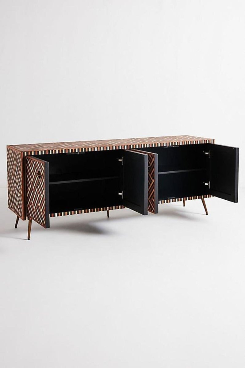 Handmade Bone Inlay TV Stand with 4 Doors - Brown Entertainment Center for Living Room, Media Console with Storage for TV & Electronics