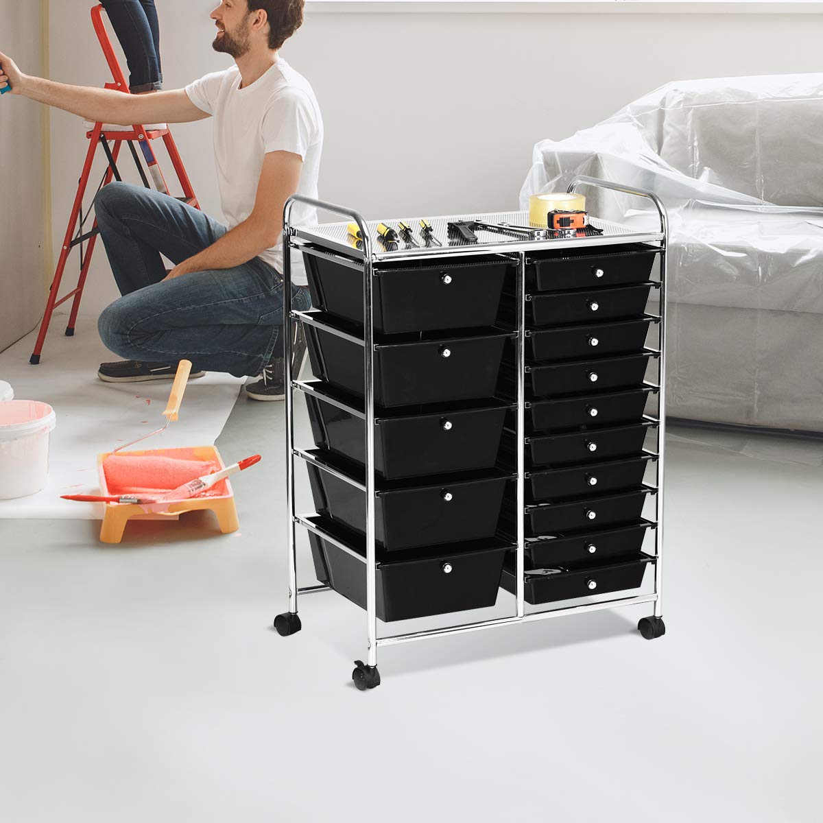 Giantex 15-Drawer Rolling Storage Cart - Mobile Organizer for Tools, Scrapbook Paper, Office & School Supplies - Black | Perfect for Craft Rooms, Workshops & Classroom Organization