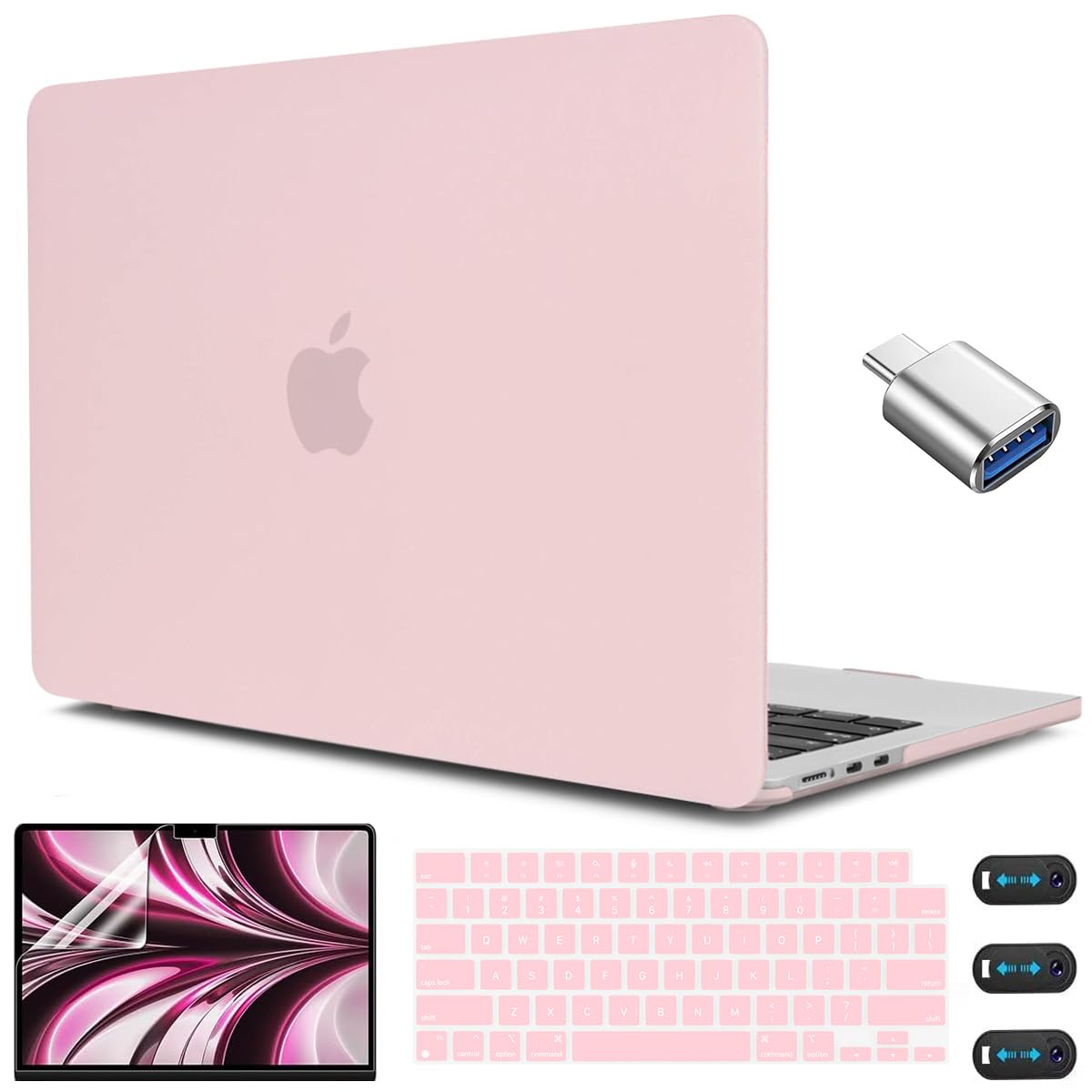 CISSOOK MacBook Air 13.6 Case for M4/M3/M2 Models (2022-2025) - Hard Plastic Shell with Keyboard Cover & USB Adapter - Compatible with A3240/A3113/A2681 - Baby Pink | Perfect for Work, Travel & School Protection