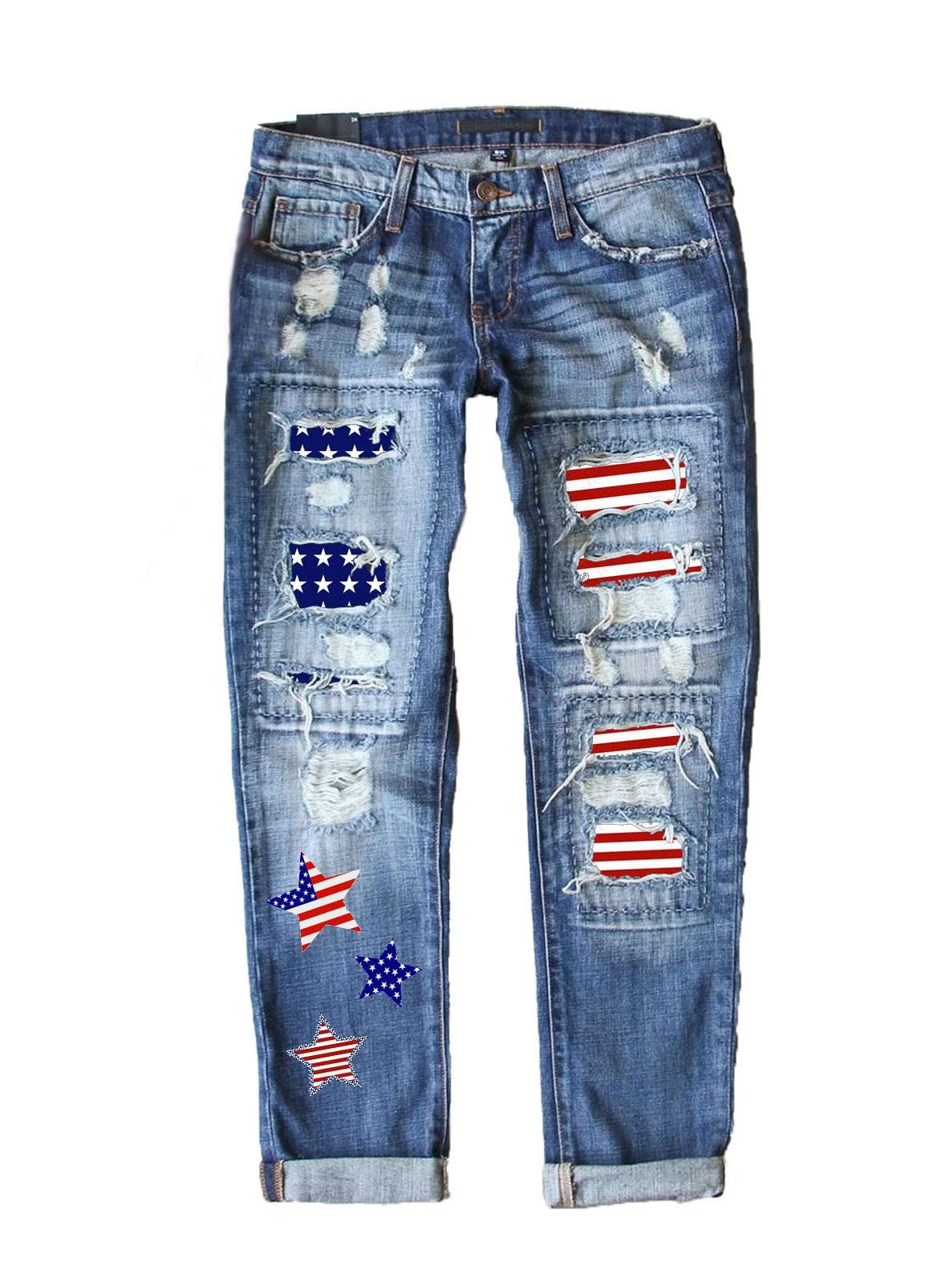 EVALESS Women's Ripped Boyfriend Jeans - Distressed Skinny Denim Pants with Plaid Patch Design | Casual Streetwear & Everyday Fashion Outfits