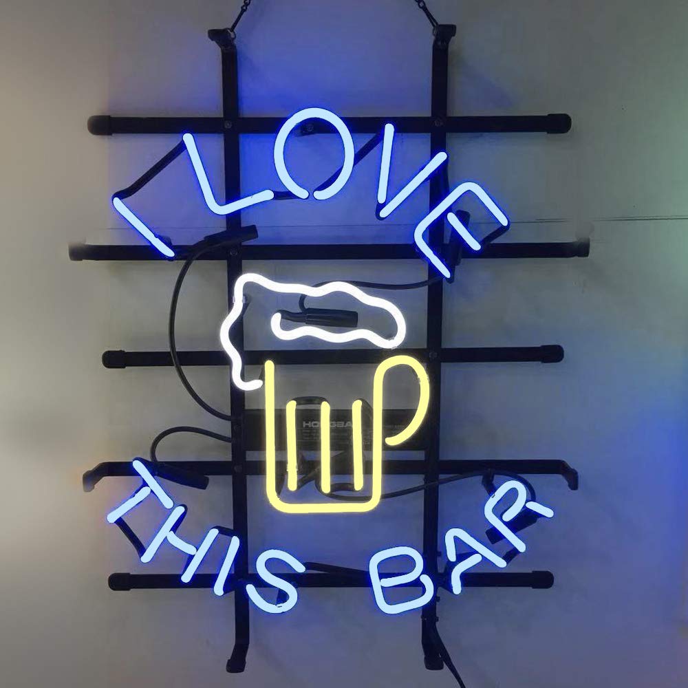 Custom Neon Sign - 'I Love This Bar' Real Glass Beer Neon Light for Pub, Bar, Party & Home Decor (17x14 Inch) | Handcrafted Gift for Beer Lovers, Man Cave & Game Room Wall Art