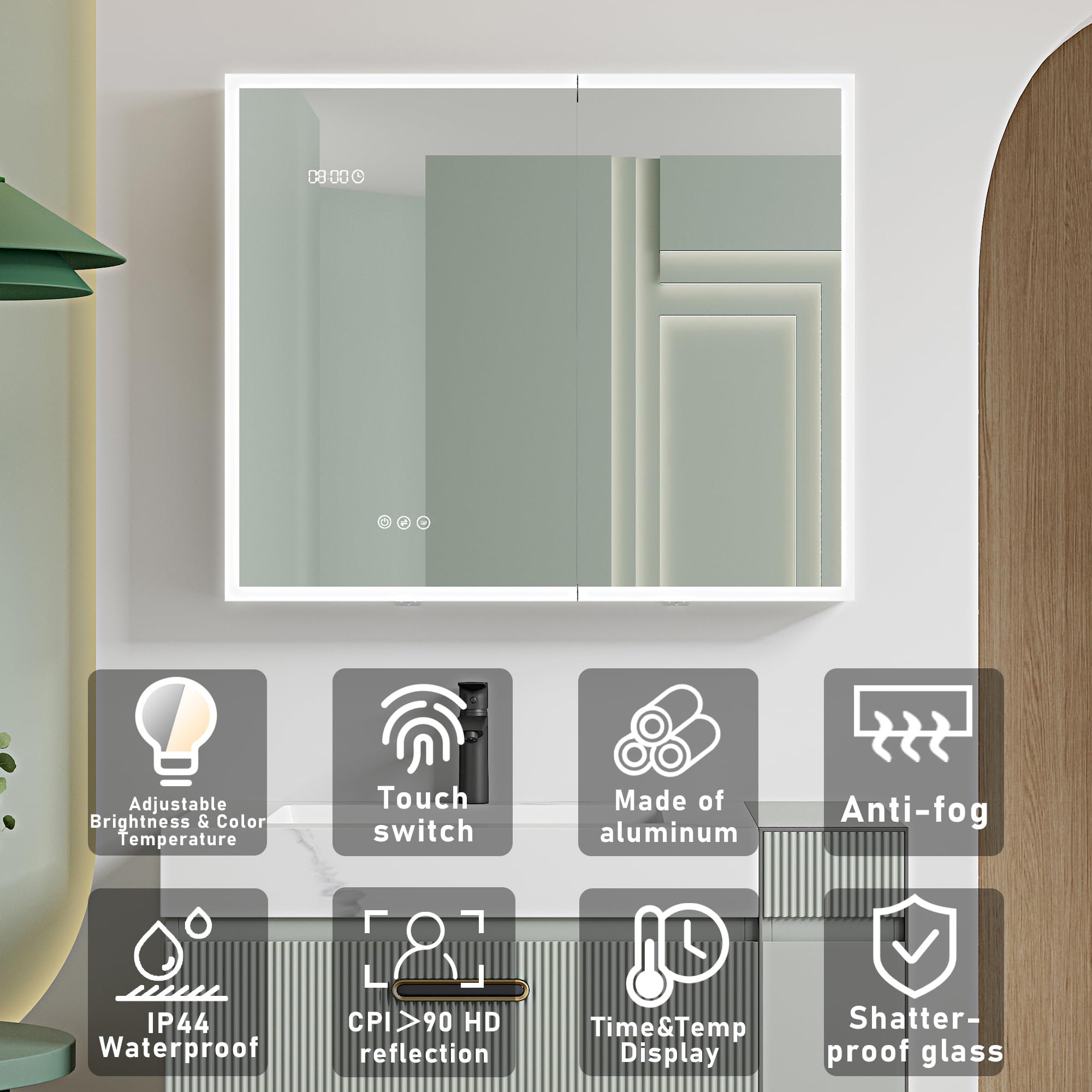 36 x 30 Inch LED Bathroom Medicine Cabinet with Anti-Fog Mirror - 3 Color Lighting, Adjustable Brightness, Time & Temperature Display - Surface Mount Touch Switch for Modern Bathrooms & Vanities
