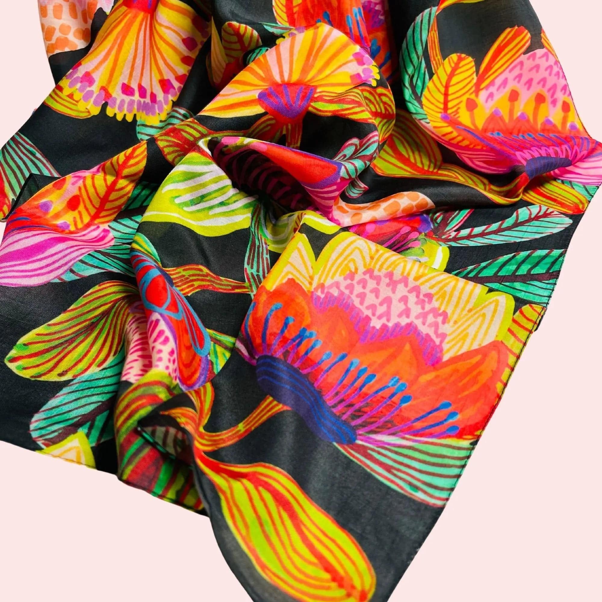 Protea Australis Silk Scarf - Elegant Floral Printed Womens Fashion Accessory for Parties, Weddings & Special Occasions