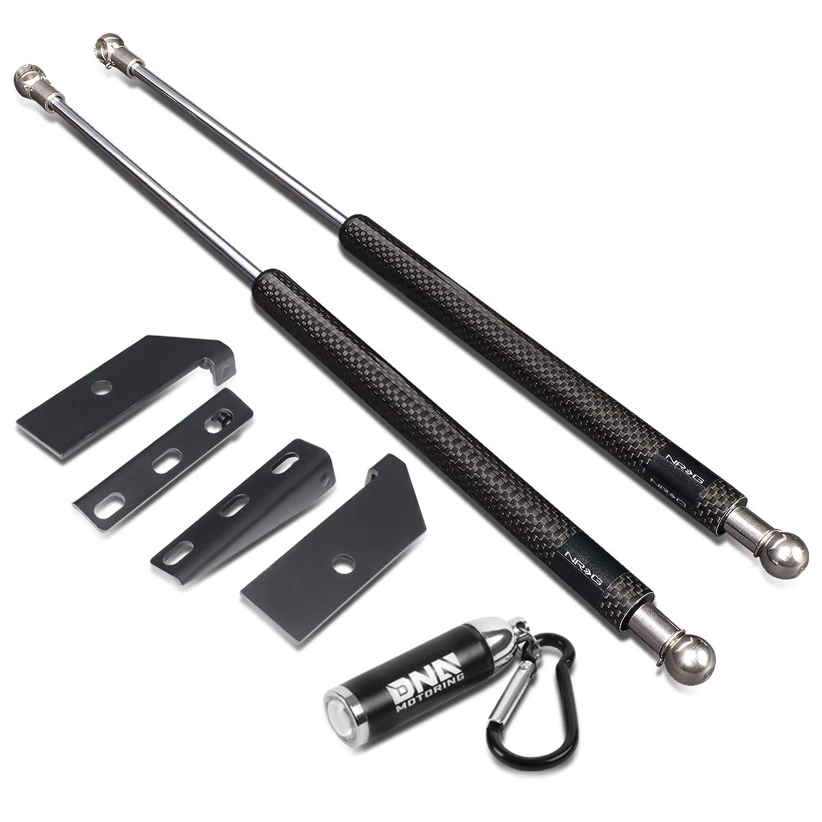 NRG Innovations HD-125CF Stainless Steel Hood Struts with Carbon Fiber Cover - Pair of Dampers & LED Keychain Flashlight for Car Hood Lift Support | Perfect for Automotive Enthusiasts & DIY Car Modifications
