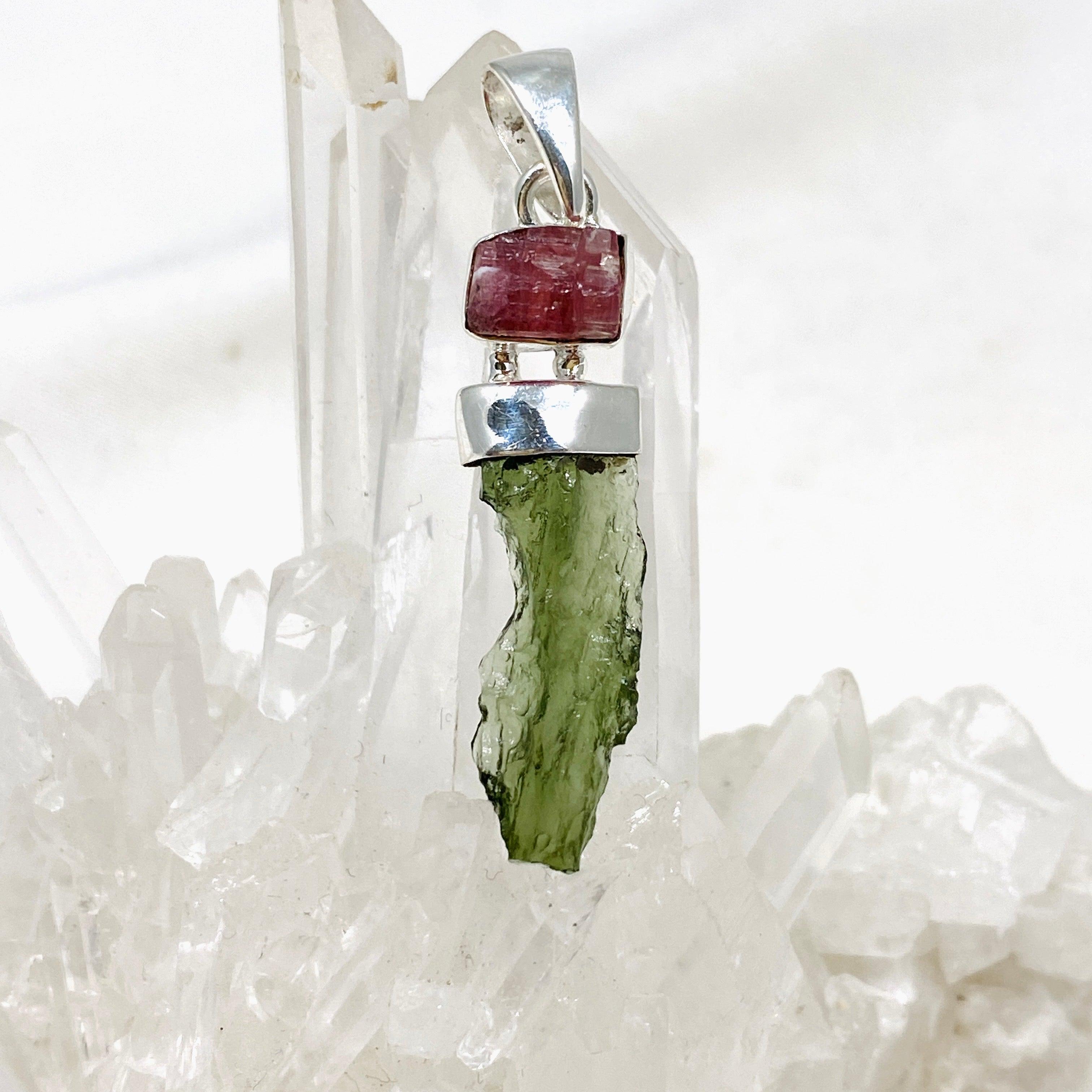 Natural Moldavite & Pink Tourmaline Pendant Necklace CGJ 04 - Spiritual Healing Jewelry for Meditation & Energy Protection