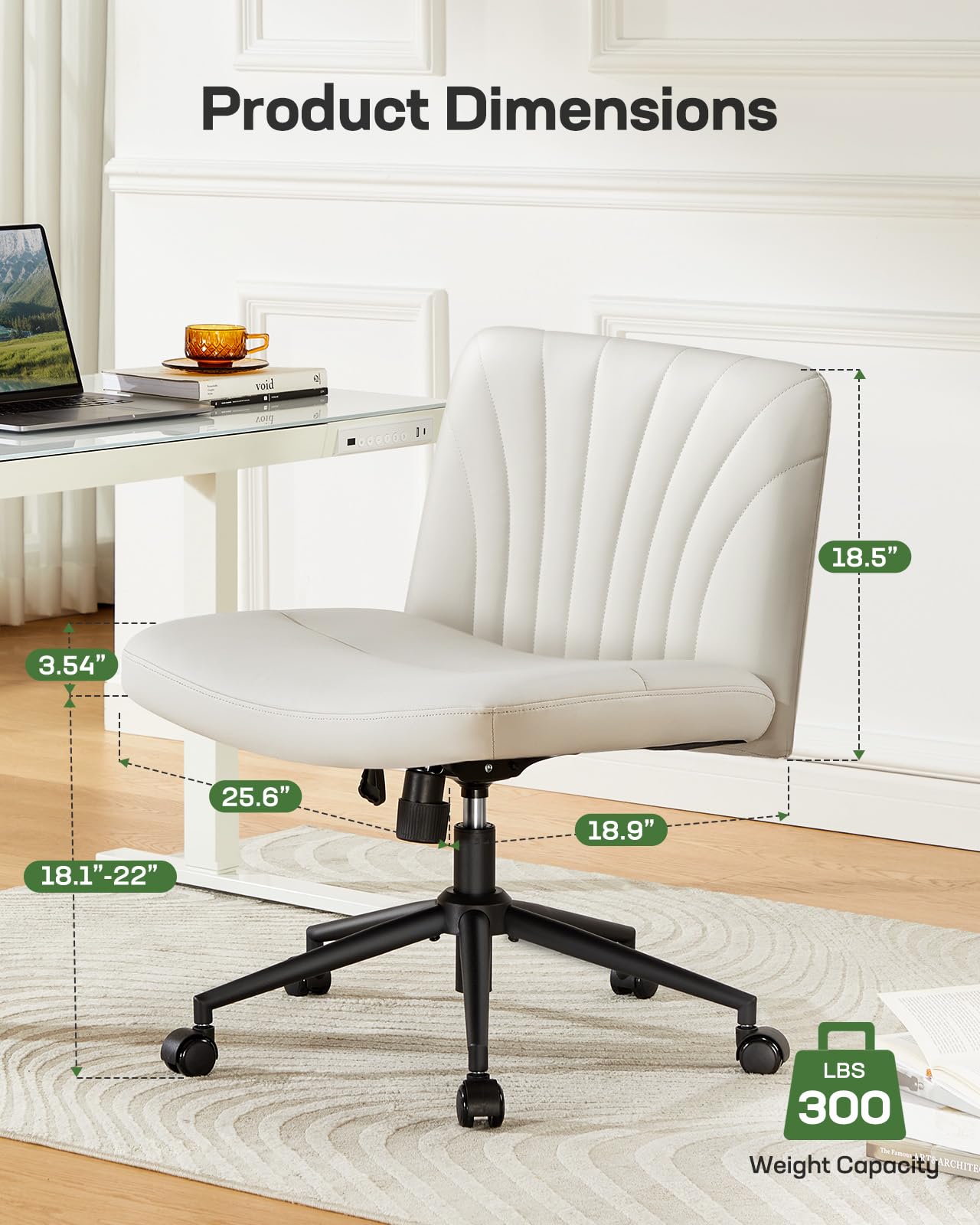 Marsail Criss Cross Chair with Wheels - PU Leather Cross Legged Office Chair, Armless Swivel Desk Chair, Height Adjustable Vanity Chair for Makeup, Small Space & Bedroom (Beige) | Perfect for Home Office, Dressing Room & Compact Living Spaces