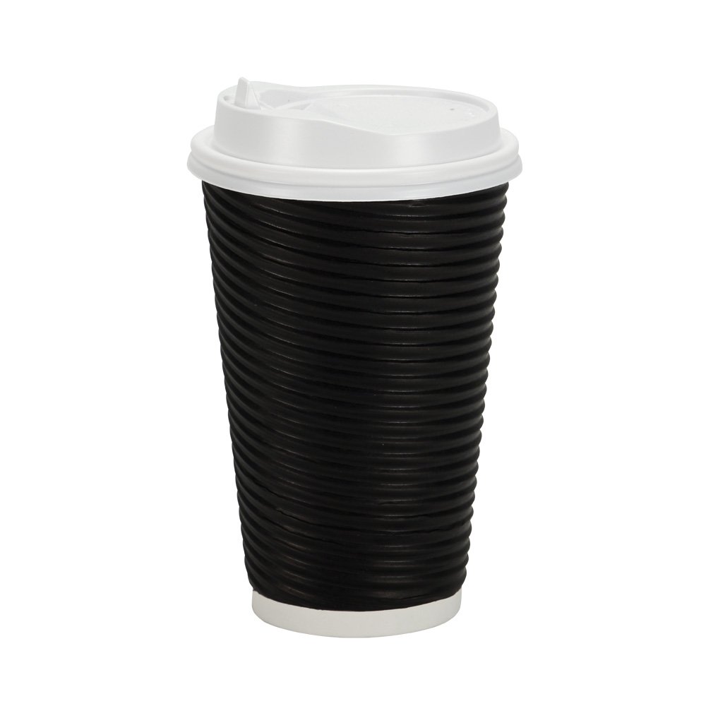 Nicole Home Collection 12 oz Double-Walled Insulated Ripple Paper Coffee Cups with Lids - Pack of 30, Black - Hot Beverage Travel Mug for Office, Cafe & Home Use