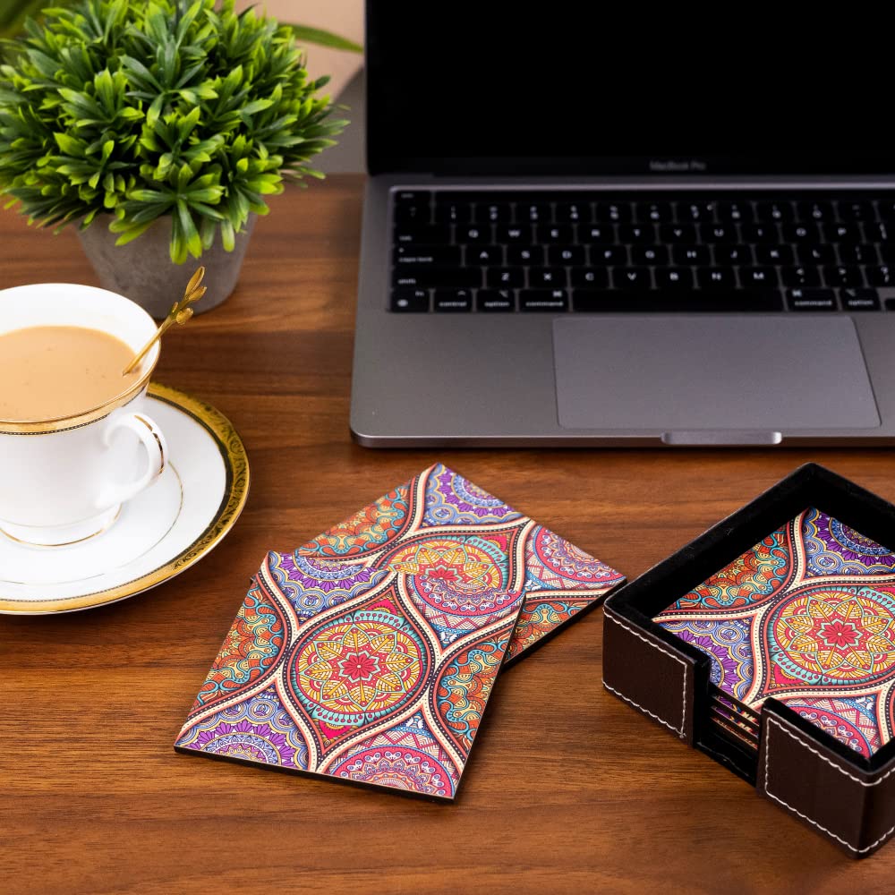Birch & Co. Premium Leather Coasters Set of 6 - Heat-Resistant Cup & Mug Coasters for Dining Table, Hot Pots & Tea - Elegant Mandala Design Home Decor Accessories - Durable & Long-Lasting for Daily Use, Parties & Gifts