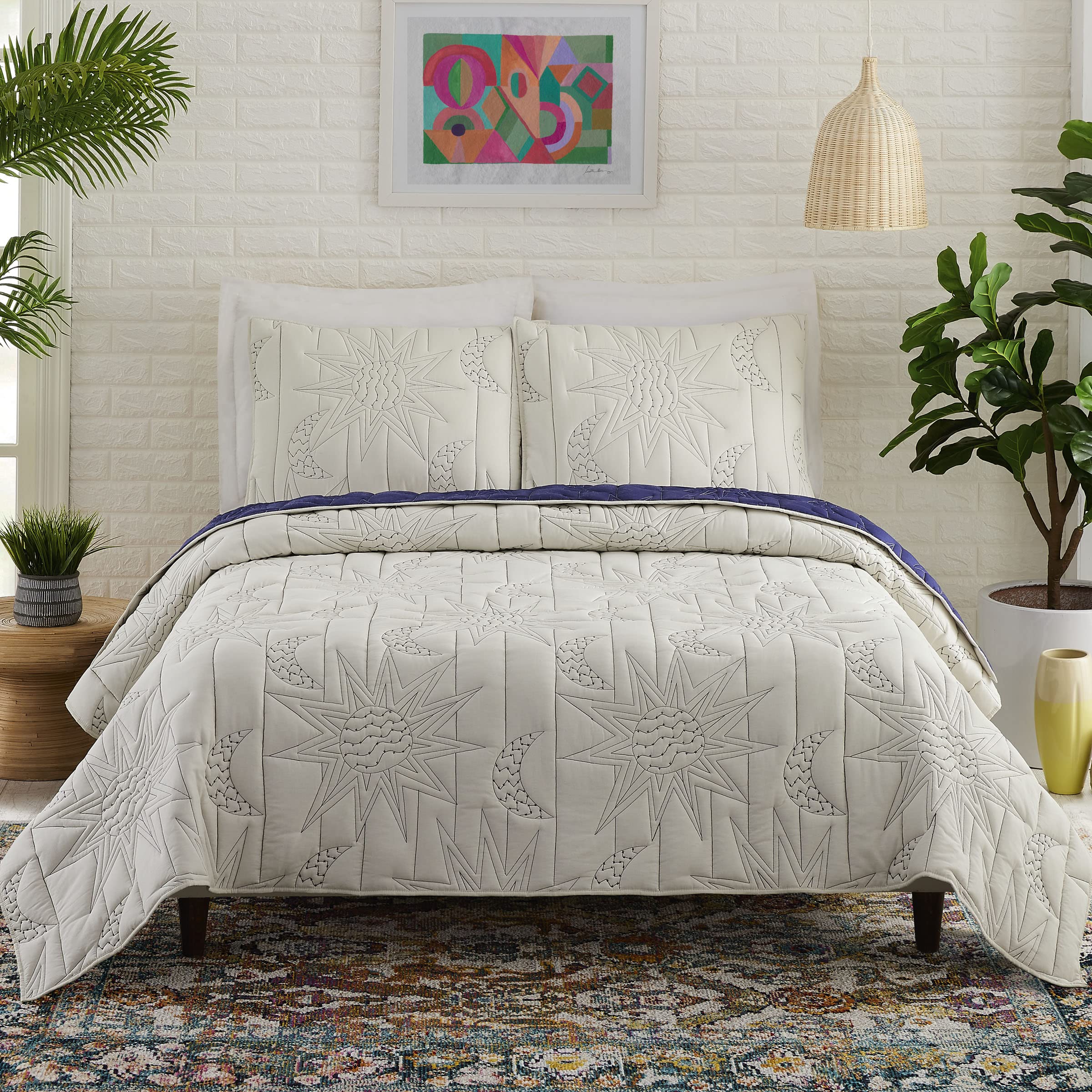 Justina Blakeney Makers Collective Sun & Moon King Size Quilt Set - Natural & Blue Boho Chic Bedding for Bohemian & Eclectic Home Decor | Perfect for Master Bedrooms, Guest Rooms & Cozy Retreats