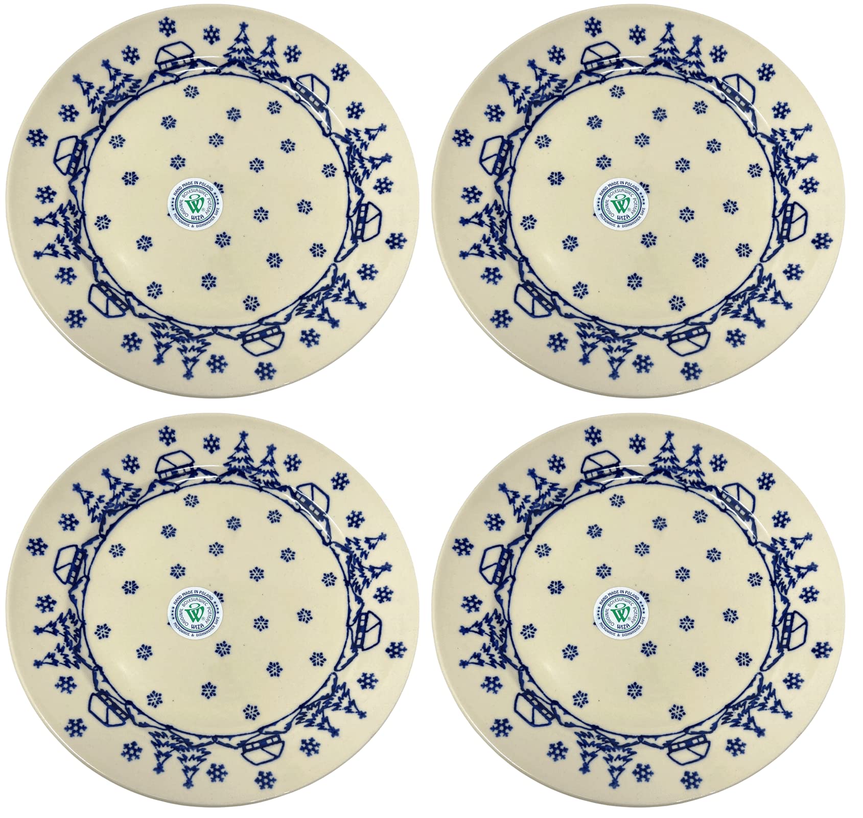 Handmade Polish Pottery Winter Scene Dinner Plates - Blue Snowflakes, Trees & Houses Design, Set of 4 | Perfect for Holiday Dinners, Christmas Decor & Gift Giving