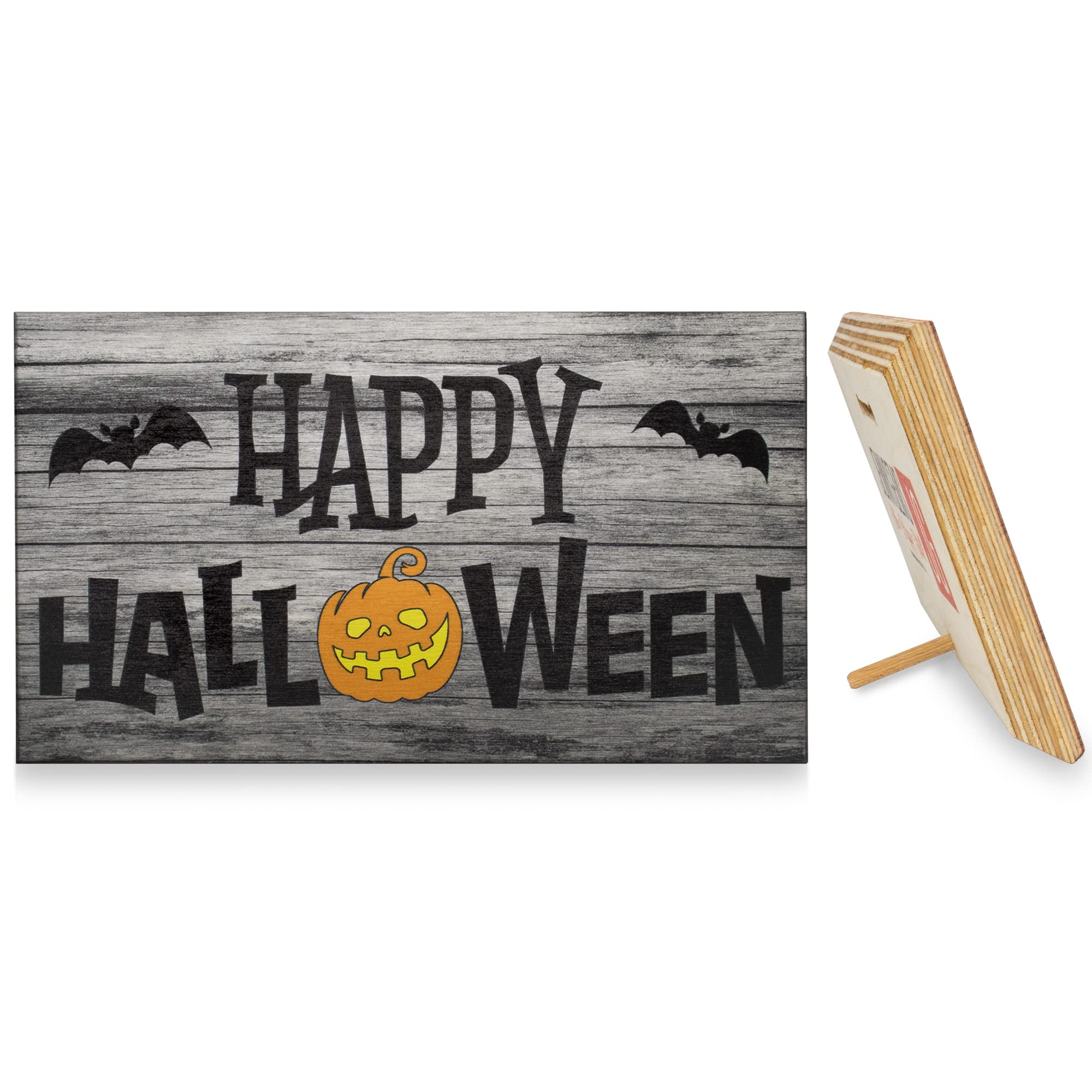 JennyGems Halloween Wooden Sign - Happy Halloween Indoor Decor with Bats & Pumpkin Design - Made in USA - Perfect for Halloween Party, Home, Porch & Table Decoration