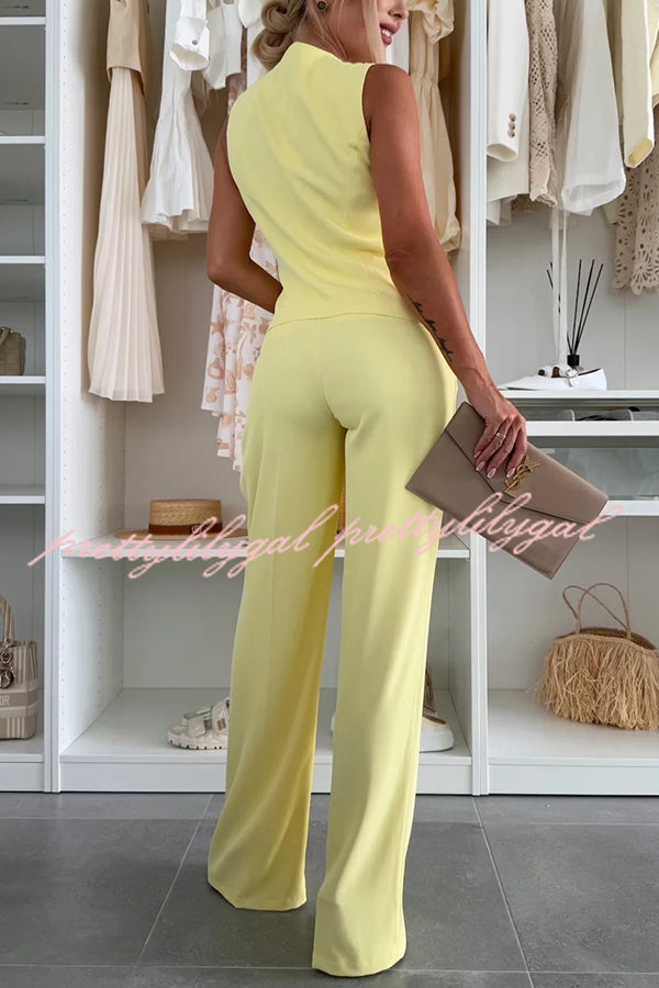 Stylish Women's Sleeveless Button Vest & Relaxed Pocket Wide Leg Pants Set - Office Workwear & Business Casual Outfit for Professional Women