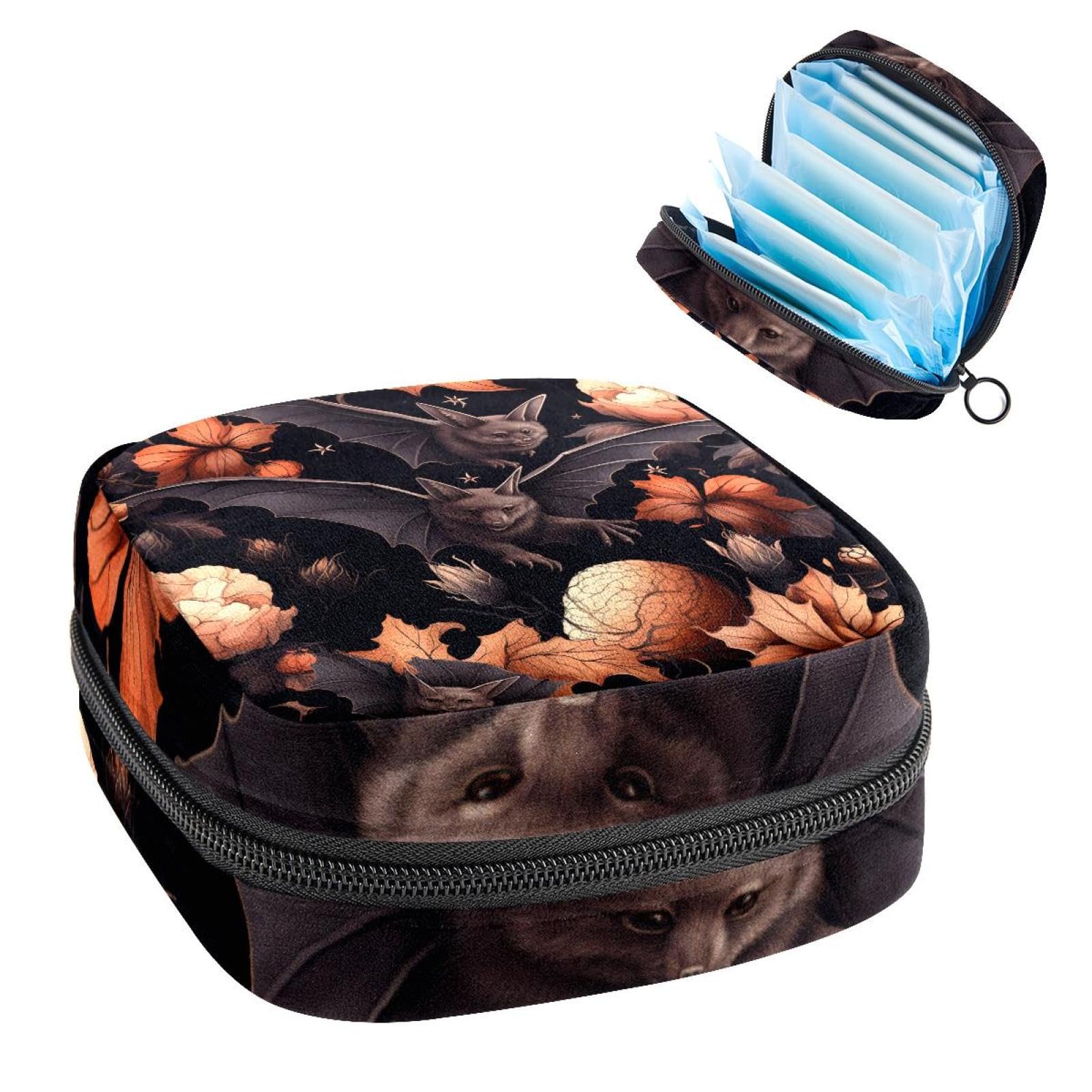 Portable Menstrual Cup Storage Bag & First Period Pouch for Women & Girls - Bat Design Zippered Padded Organizer for Tampons, Pads & Hygiene Products - Perfect for Travel, School & Halloween Accessories