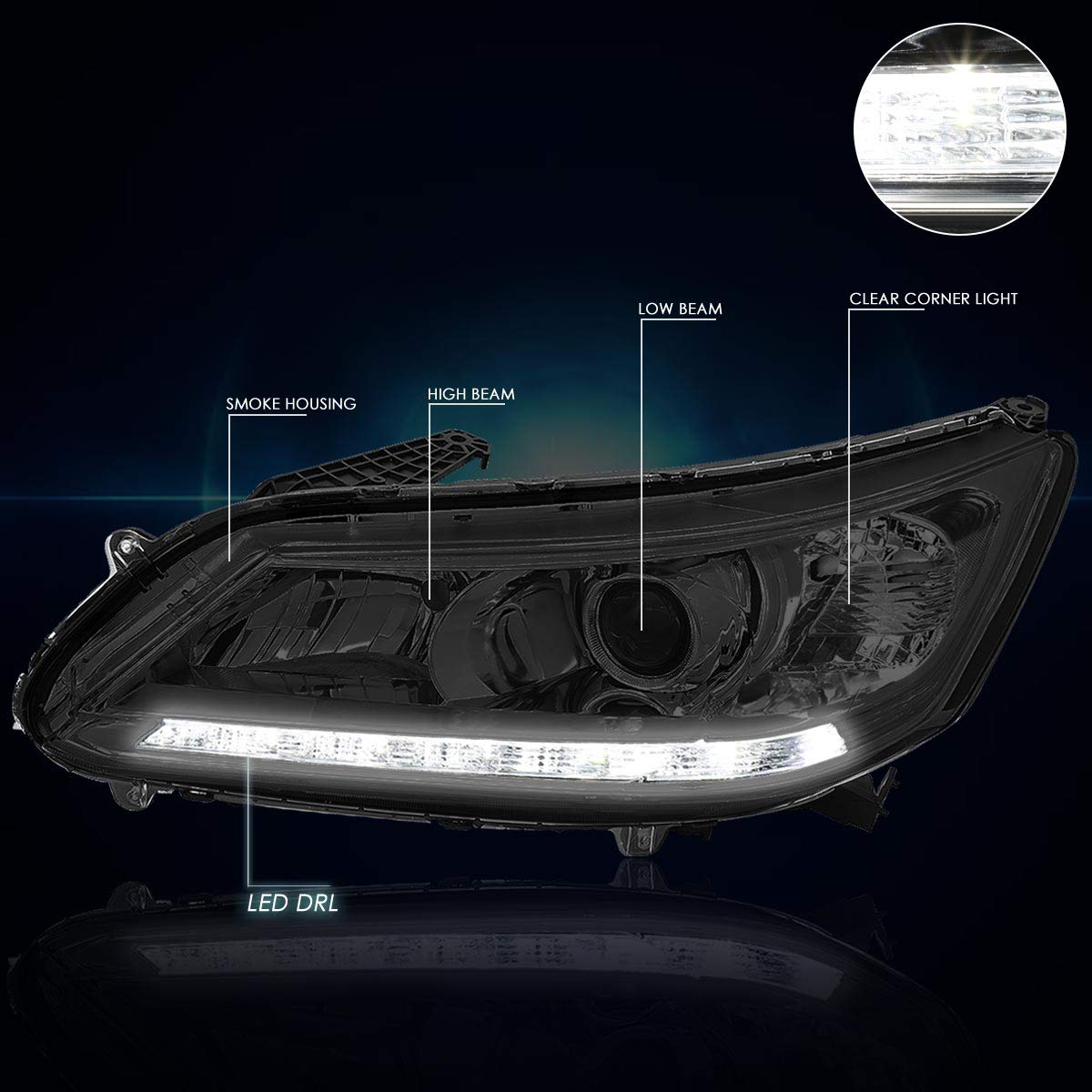 PM PERFORMOTOR Projector Headlights Assembly with LED DRL - Smoked Lens & Clear Corner - Compatible with 2013-2015 Honda Accord - Upgrade Your Car's Style & Night Visibility for Safer Driving