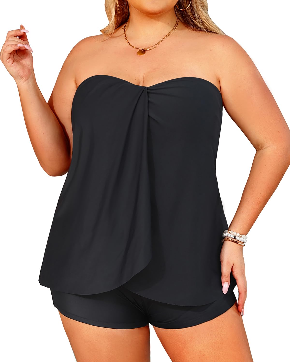 Daci Women's Plus Size Bandeau Tankini Swimsuit 2-Piece Set - Halter Swim Top with Tummy Control Shorts for Beach & Pool Vacation | Comfortable Bathing Suit for Curvy Women