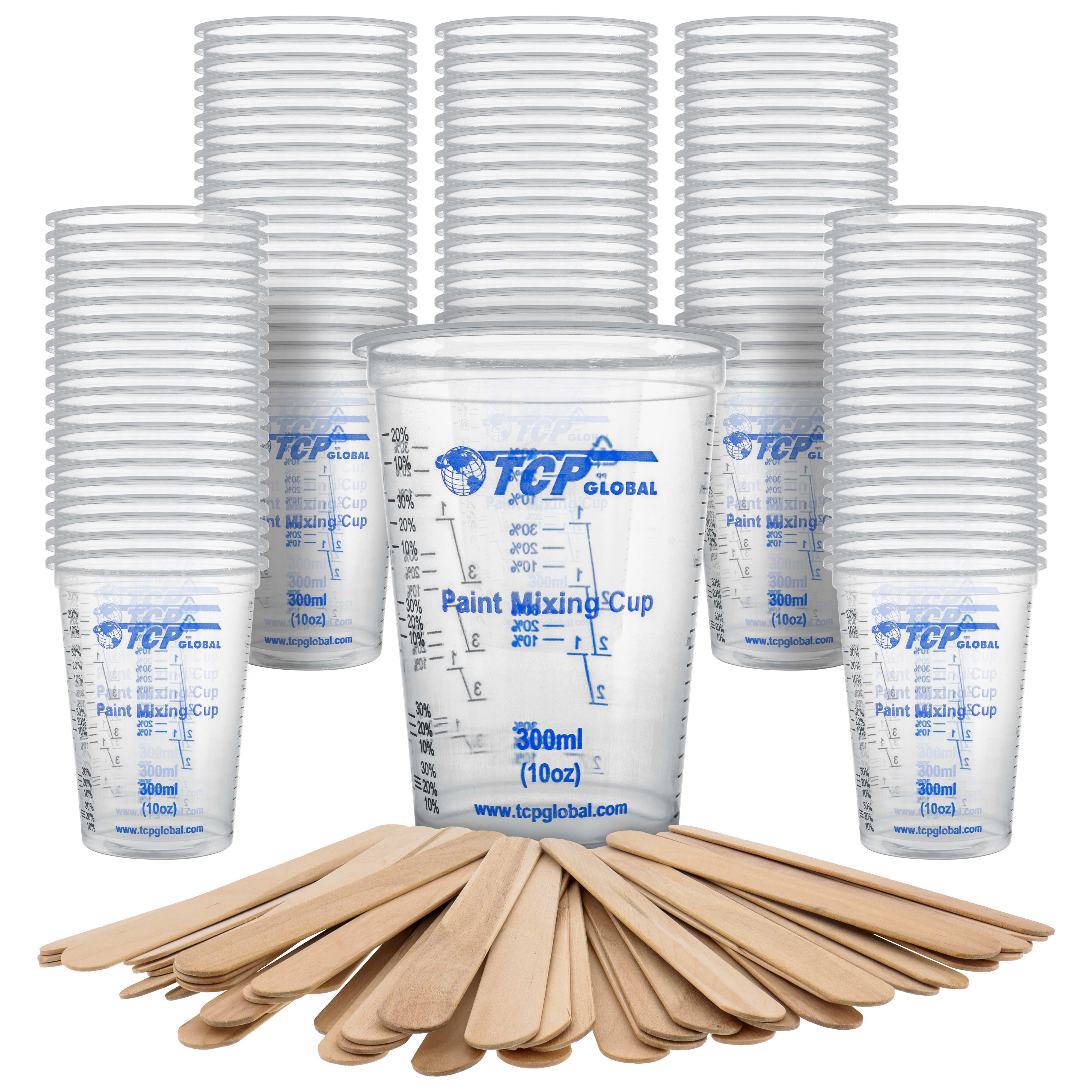 TCP Global 10oz (300ml) Disposable Plastic Mixing Cups with Measurement Marks - 100 Cups & 50 Sticks Set for Paint, Epoxy, Resin - Perfect for DIY Crafts, Art Projects & Home Repairs