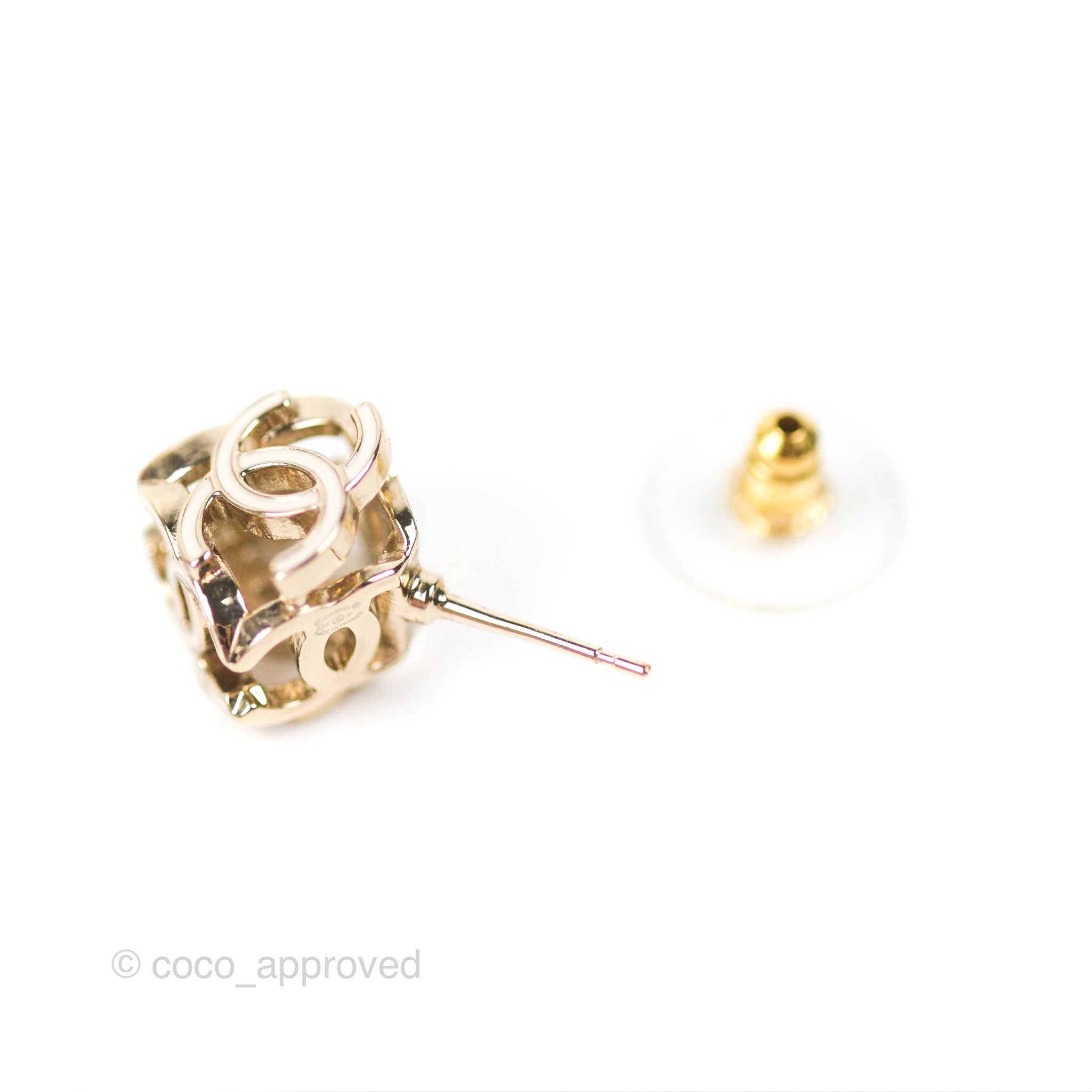 Chanel CC Gold & White Cube Earrings - 22K Gold Tone Luxury Fashion Jewelry for Women | Perfect for Parties, Weddings & Special Occasions