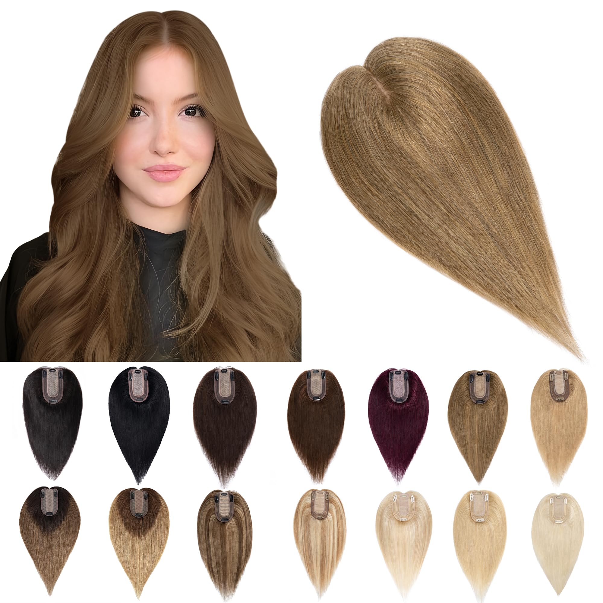 SEGO 100% Real Human Hair Toppers for Women with Thinning Hair - 7x13cm Silk Base Clip-in Top Wiglet, 18 Inch No Bangs Light Brown - Perfect for Daily Wear, Parties & Special Occasions