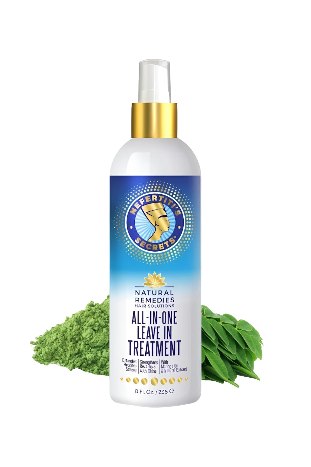 Nefertiti's Secrets All-In-One Leave-In Hair Treatment with Moringa Oil & Rosemary - Strengthens, Stimulates & Protects from Heat for Hair Growth - Travel Size Moisturizing Conditioner (8oz/236ml) - Perfect for Daily Hair Care, Styling & On-The-Go Hydration