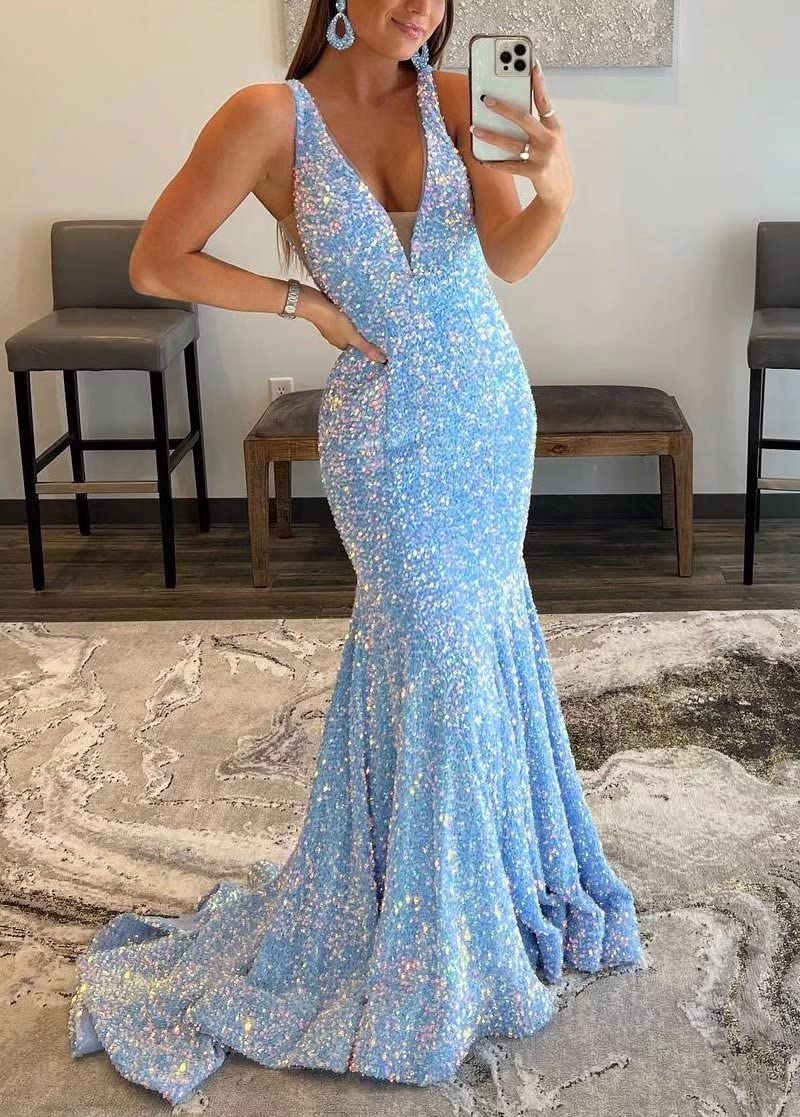 Sparkly Sequin Prom Dresses for Women - Long Deep V-Neck Sexy Mermaid Formal Evening Gown with Backless Design in Lavender (Size US12) | Perfect for Homecoming, Cocktail Parties, and Special Occasions